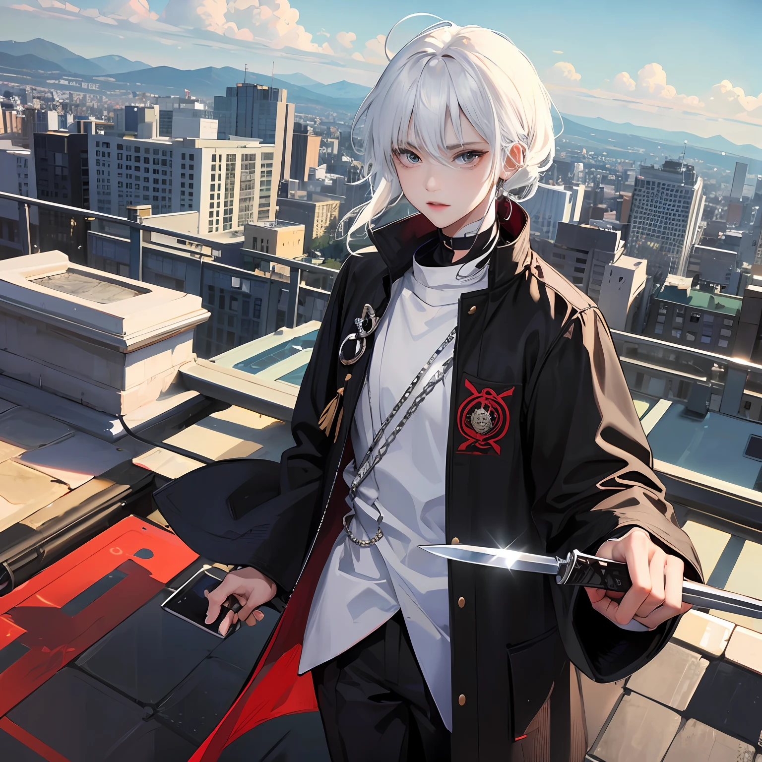 boy,Black Samurai,White hair,Cold face,Overlooking the city from the rooftop,Hold two knives in your hand