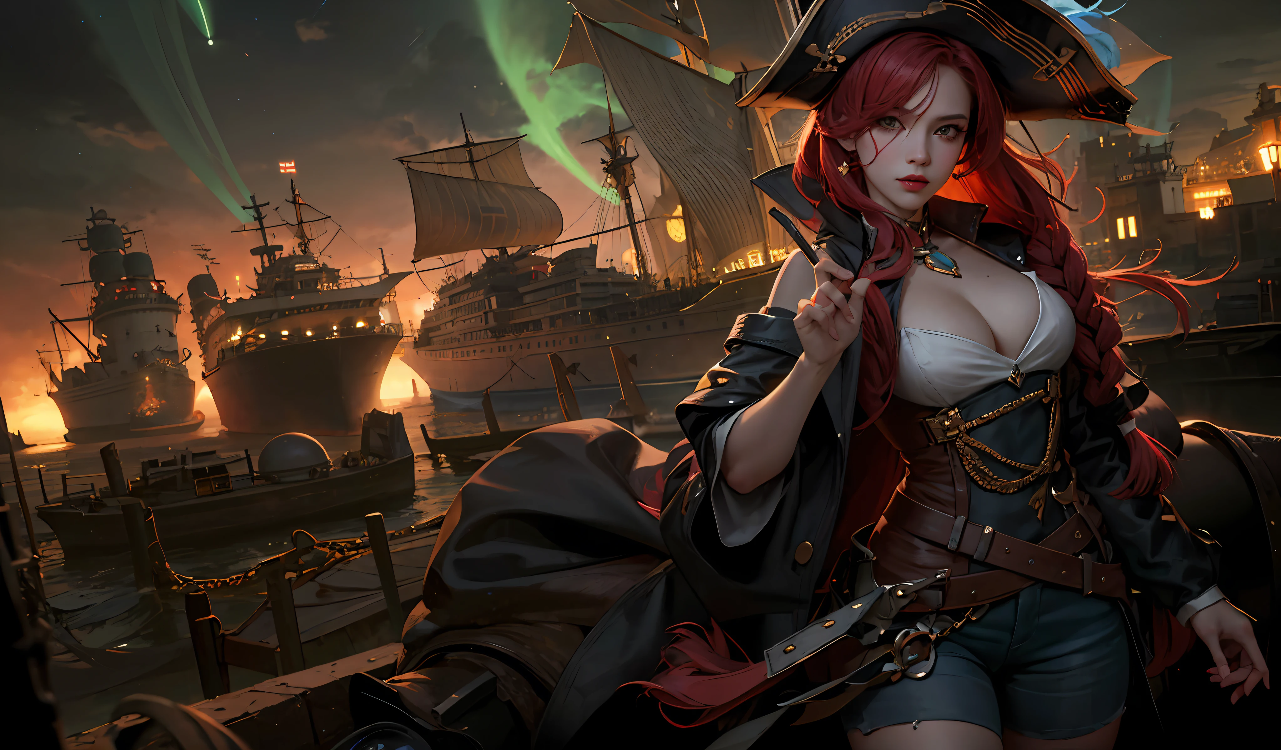 Anime girl with red hair and a pirate hat in front of a ship, Miss Fortuna, cushart krenz arte chave feminina, Splash Art Oficial, Miss Fortune League of Legends, Artgerm extremamente detalhado, Estilo Artgerm, ! arte dos sonhos, Ruan Jia e Artgerm, Artgerm Plano, arte de splash do personagem, rainha pirata