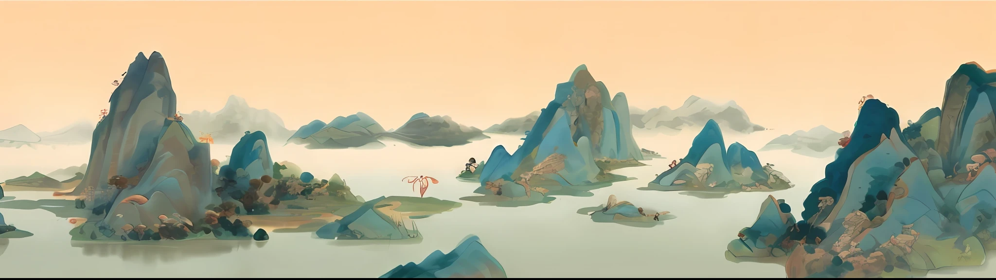 There is a painting of mountains,There is a lake in the middle, author:Li Tiefu, Chinese landscape, Floating mountains, Detailed scenery —width 672, ruan jian, inspired by Fei Danxu, inspired by Yuan Jiang, avatar landscape, artwork in the style of z.Show on the. gu, author:Xia Gui, su fu, author:Lee Jeon-suk