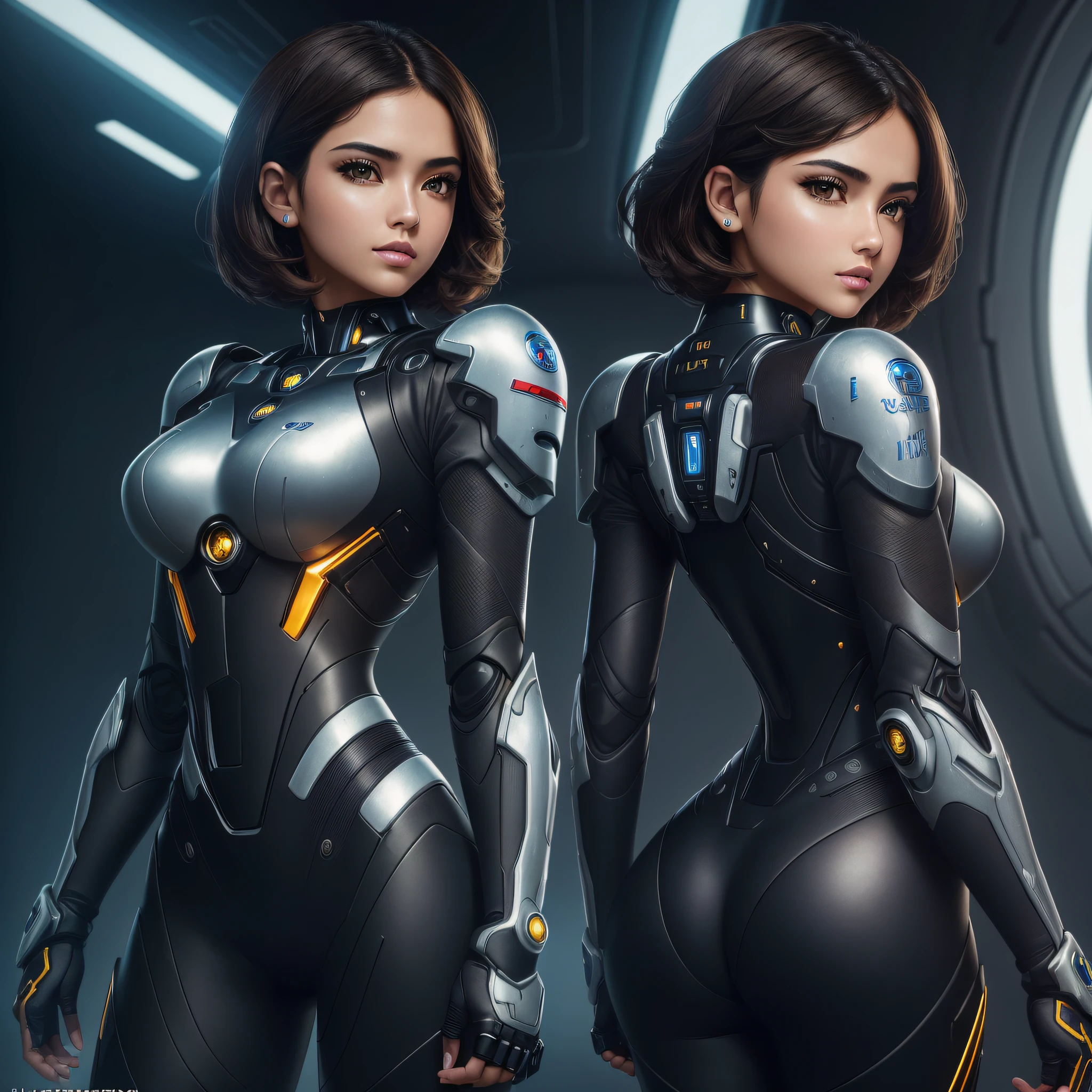 ((Top Quality, 8k, Masterpiece: 1.3)), Beauty, Full Body, 1 girl, High Tech, Mecha Suits, Latina Girl, Dark Short Brown Hair, (Side Back Pose), Ultra Detailed Face, Highly Detailed Lips, Detailed Eyes, Double Eyelids, Futuristic Background, Leica 50mm Lens, Aspect Ratio 9:16 --auto