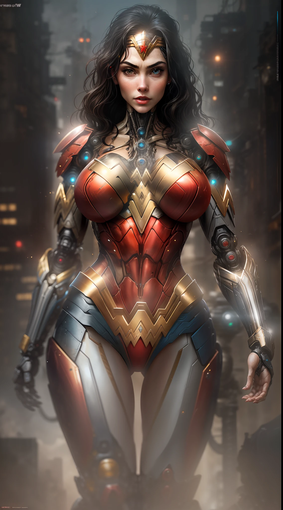 Wonder Woman (sexy, big boobs) photo from DC, biomechanical, complex robot, full growth, hyperrealistic, insane small details, extremely clean lines, cyberpunk aesthetic, masterpiece featured at Zbrush Central