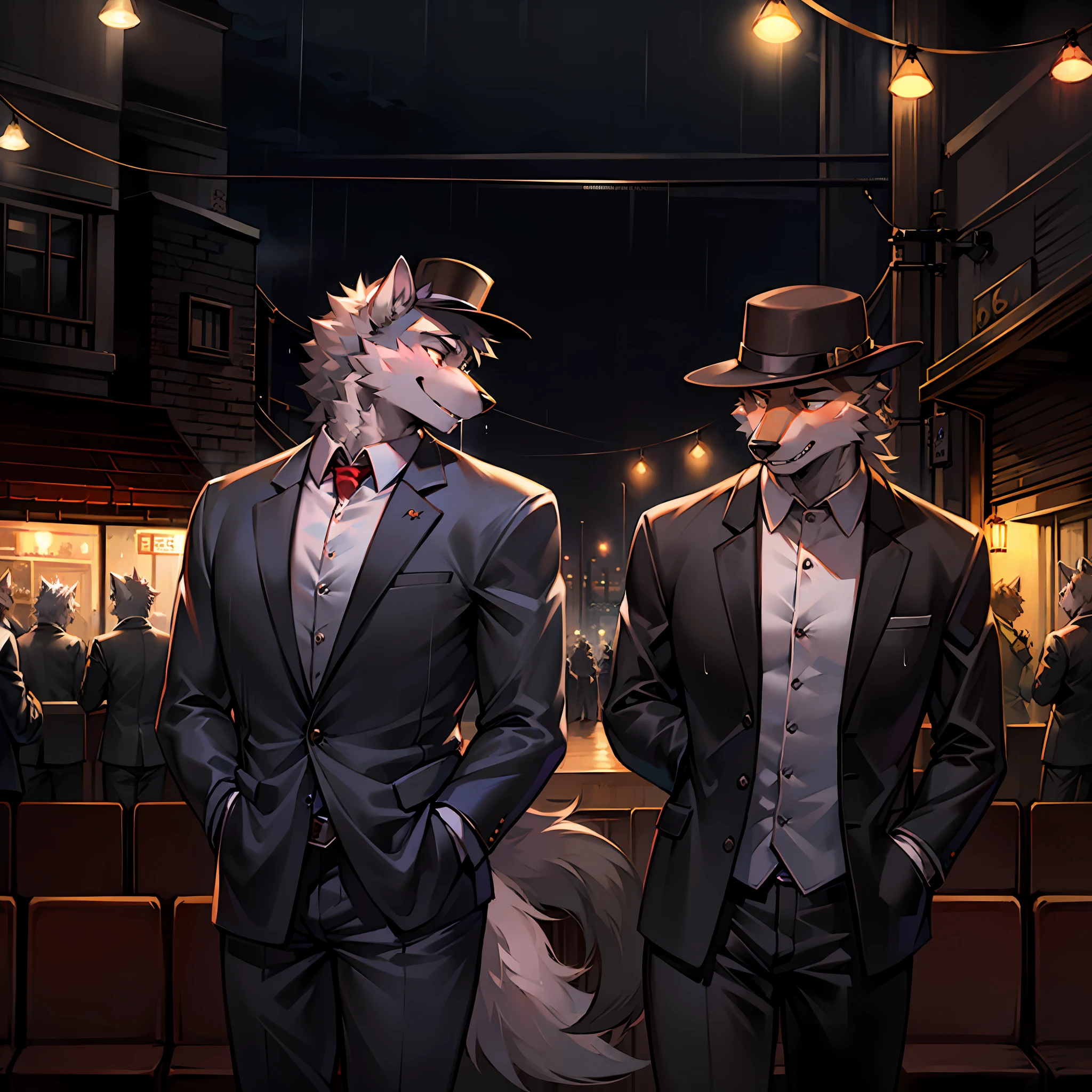 独奏，Wolf orcs，-year-olenageilver fur，Handsome model，facing away from the audience，wearing black suits，Wear a gentleman's hat，drinking a coffee，Back shadow，heavy rain，Warm light，nighttime scene，coffeehouse，the street lights