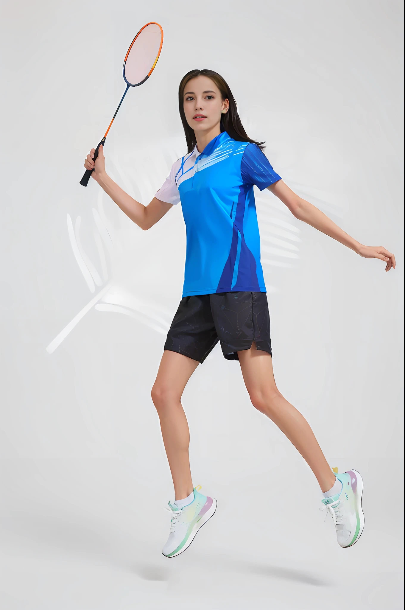 Allard woman holding a tennis racket in a blue shirt and black shorts, sport outfit, inspired by Zhang Shuqi, tennis wear, Badminton, jinyiwei, sport outfit, inspired by Zhou Wenjing, taken in 2 0 2 0, wenjun lin, cute sportswear, mei-ling zhou, Li Zixin, xintong chen, inspired by Li Shixing