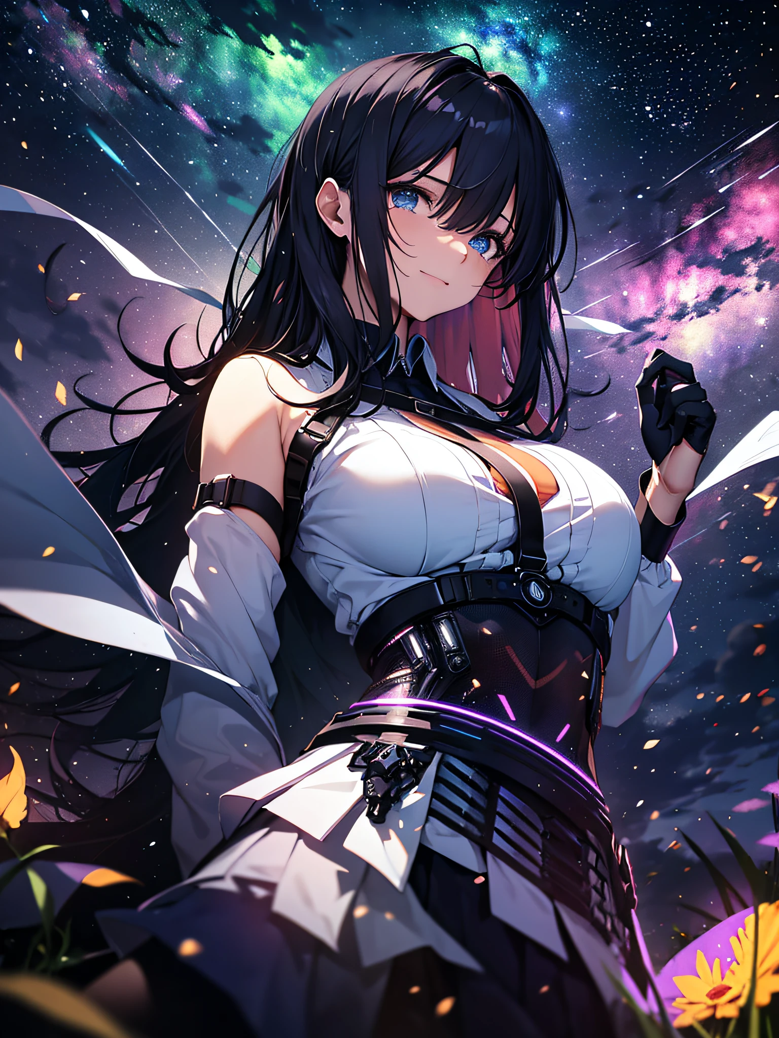 tmasterpiece，（8K，best qualtiy，tmasterpiece），超高分辨率，（realisticlying：1.4），A mechanical girl，full bodyesbian，a color，stars，Brilliant night sky，being in the grassland，beauty breast，ssmile，Tears in the eyes，A detailed，ultra - detailed，sci-fy，Extremely fine，（Pure white shirt，JK skirt，black lence stockings），looking toward the viewer