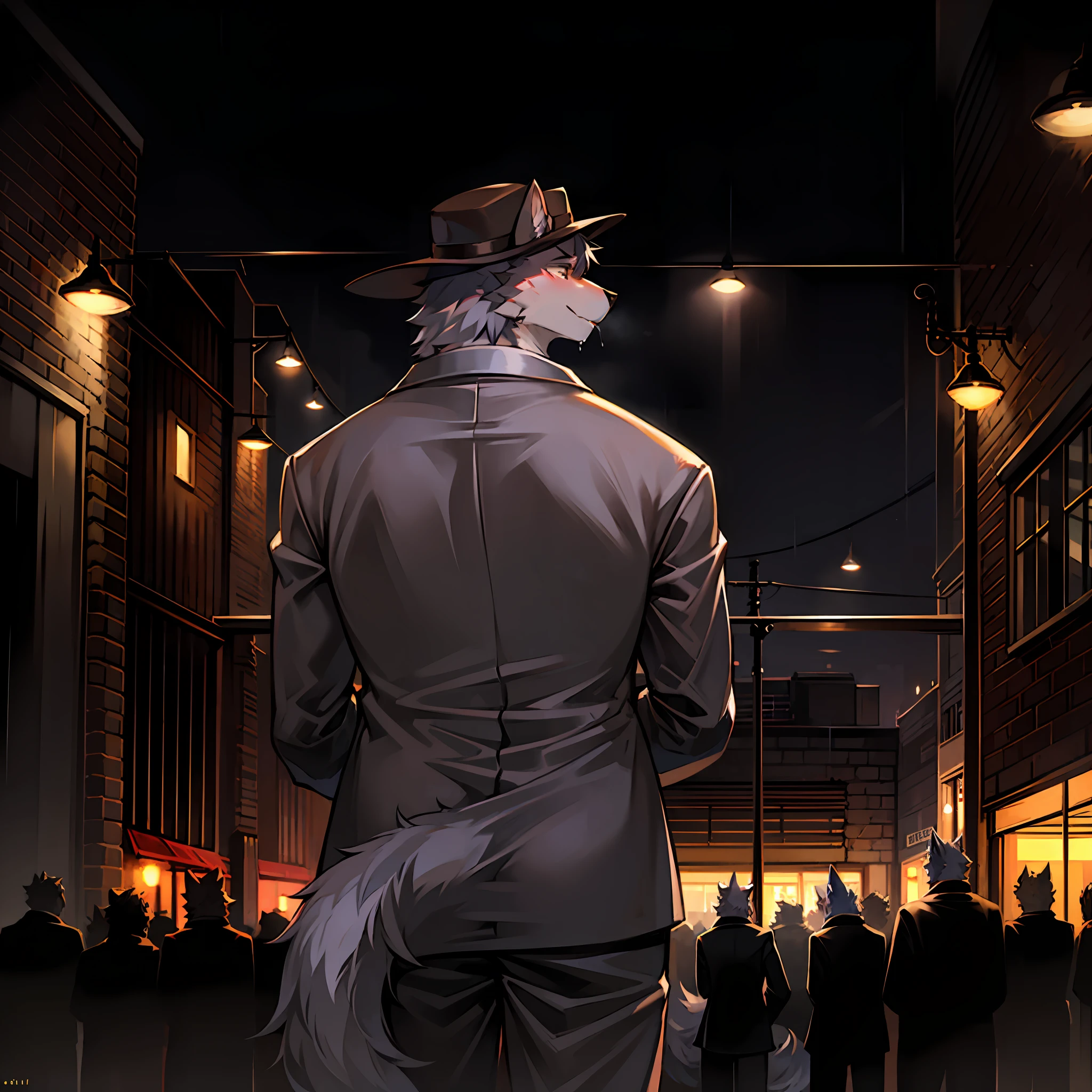 独奏，Wolf orcs，Sixteen-year-old teenager，silver fur，Handsome model，facing away from the audience，wearing black suits，Wear a gentleman's hat，drinking a coffee，Back shadow，heavy rain，Warm light，nighttime scene，coffeehouse，the street lights