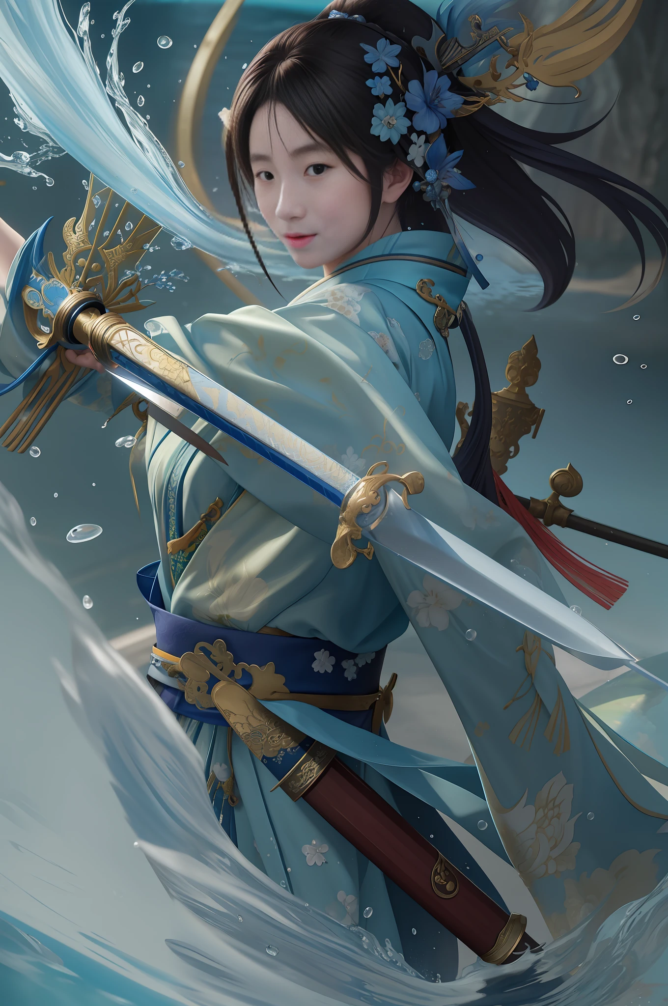Woman in blue kimono,The sword splashed in the water, by Yang J, cgsociety and fenghua zhong, chengwei pan on artstation, Guviz-style artwork, sword and wand – water