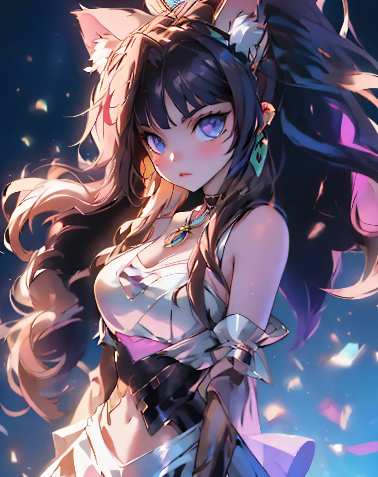 Best quality at best, 1girll, 独奏, long whitr hair, nedium breasts, looking at viewert, brunette color hair, mitts, nabel, jewely,big cleavage breasts, exposed bare shoulders, Cat ears