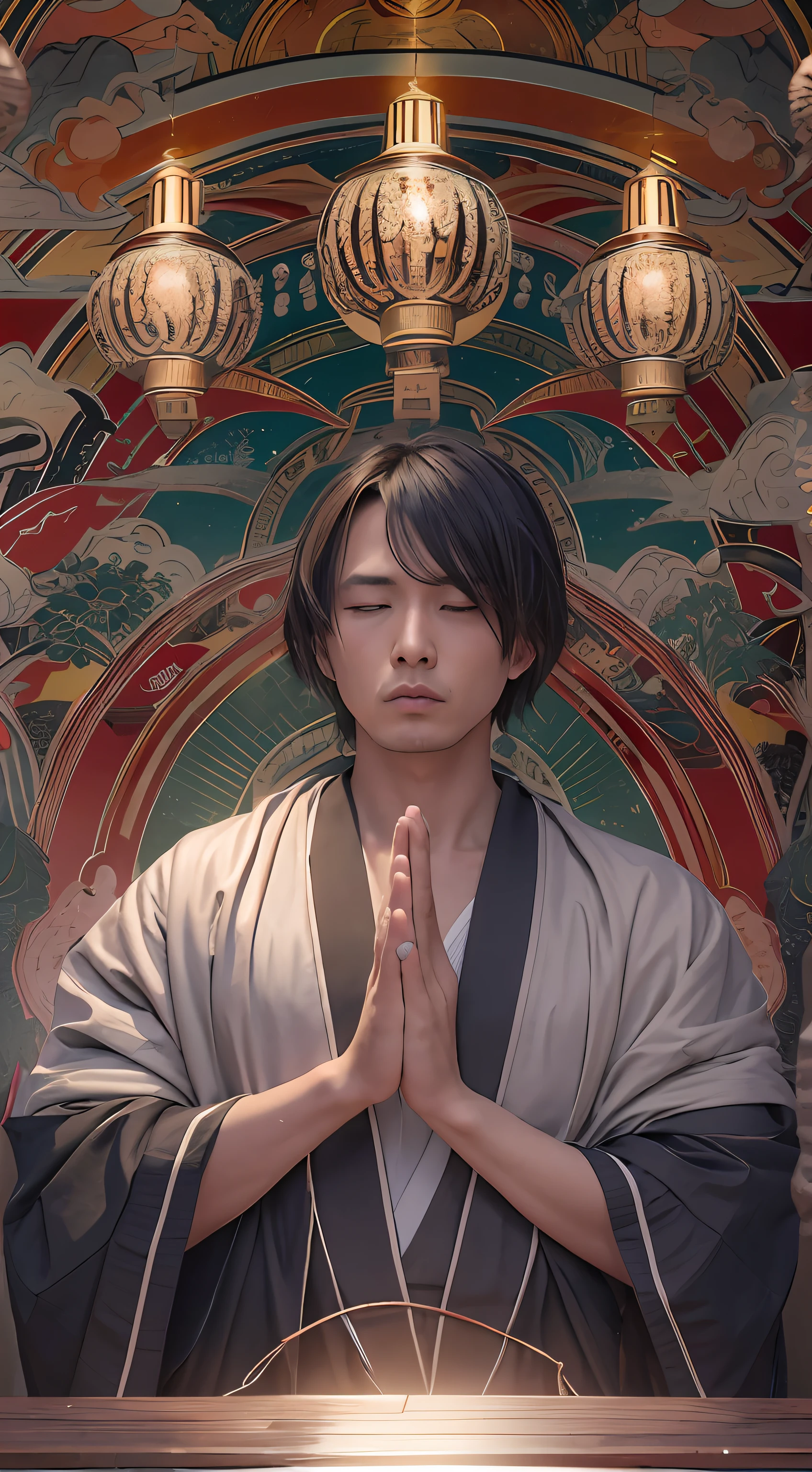 masutepiece, Best Quality, hight resolution, photoreaslistic, Detailed face, Handsome man meditating in front of a shining altar, inspired by Kaigetsudō Anchi, a temple background, inspired by Shūbun Tenshō, zen temple background, Zen Cyberpunk Meditation, inspired by Torii Kiyomitsu, inspired by Itō Jakuchū, Inspired by Hayami Xingzhou