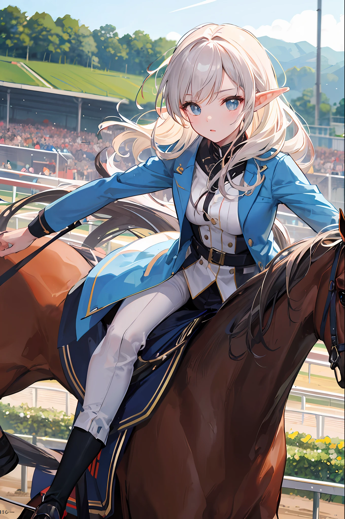 Best quality, illustration, FM Fatal, Elf Jocky, horse racing park, forest racetrack, forest and atmospheric views, spectacular views (Moshpit: 0.5),
(6) Riding a horse (6),
(point years:1.2)(loli kawaii face)(including detailed hands),
(Beautiful detailed racecourse background), beautiful detailed shine, light-reflecting clothes, movie lighting, depth of field, motion blur,