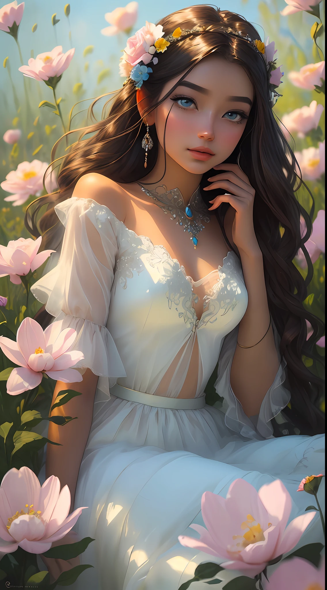 The colors in this image are soft and draw inspiration from gentle watercolors and should be primarily pink. Generate a delicate and tranquil flower princess with soft hair dancing in the wind and intricately braided. Her sweet face has puffy, kissable lips and stunning, highly realistic eyes. She has beautiful eyes, hires eyes, 8k eyes, beautiful detail eyes, beautiful detailed eyes, realistically shaded eyes, and realistic eyes in vibrant colors. She is wearing delicately detailed fabric of gossamer silk and satin. Small pink gemstones and cream pearls detail her clothing. She sits in the midst of the most beautiful meadow in the world and is surrounded by beautiful flowers of varying sizes and colors. The background is wild and unruly, with delicate flowers dancing in the wind and creating a dynamic and compelling image. An ornately flowered headdress adorns her head and soft petals fall around her. The flowers are realistic and very detailed and come in different shapes and sizes, some with iridescence and others with varying shades of pink and blue. Include a soft watercolor sky. The background is wild, with delicate flowers dancing in the wind and colorful pollen filling the air. Include realistic hair and skin texture. Include fantasy details, enhanced details, iridescence, colorful glittering wind, and pollen. Pay special attention to her face and make sure it is beautifully and realistically detailed. The image should be dreamy and ethereal. Include intricate fantasy details. 8k, intricate, elegant, highly detailed, majestic, digital photography, art by artgerm and ruan jia and greg rutkowski surreal painting pearl butterfly filigree, flower petals, (masterpiece, finely detailed beautiful eyes: 1.2), hdr, realistic skin texture, ((ornate)), ((intricate)), ((fantasy00d:1.2)), rays of light, (add details), (add more details), highly detailed, ornate flowers, dew drops, sunlight, rays of sun