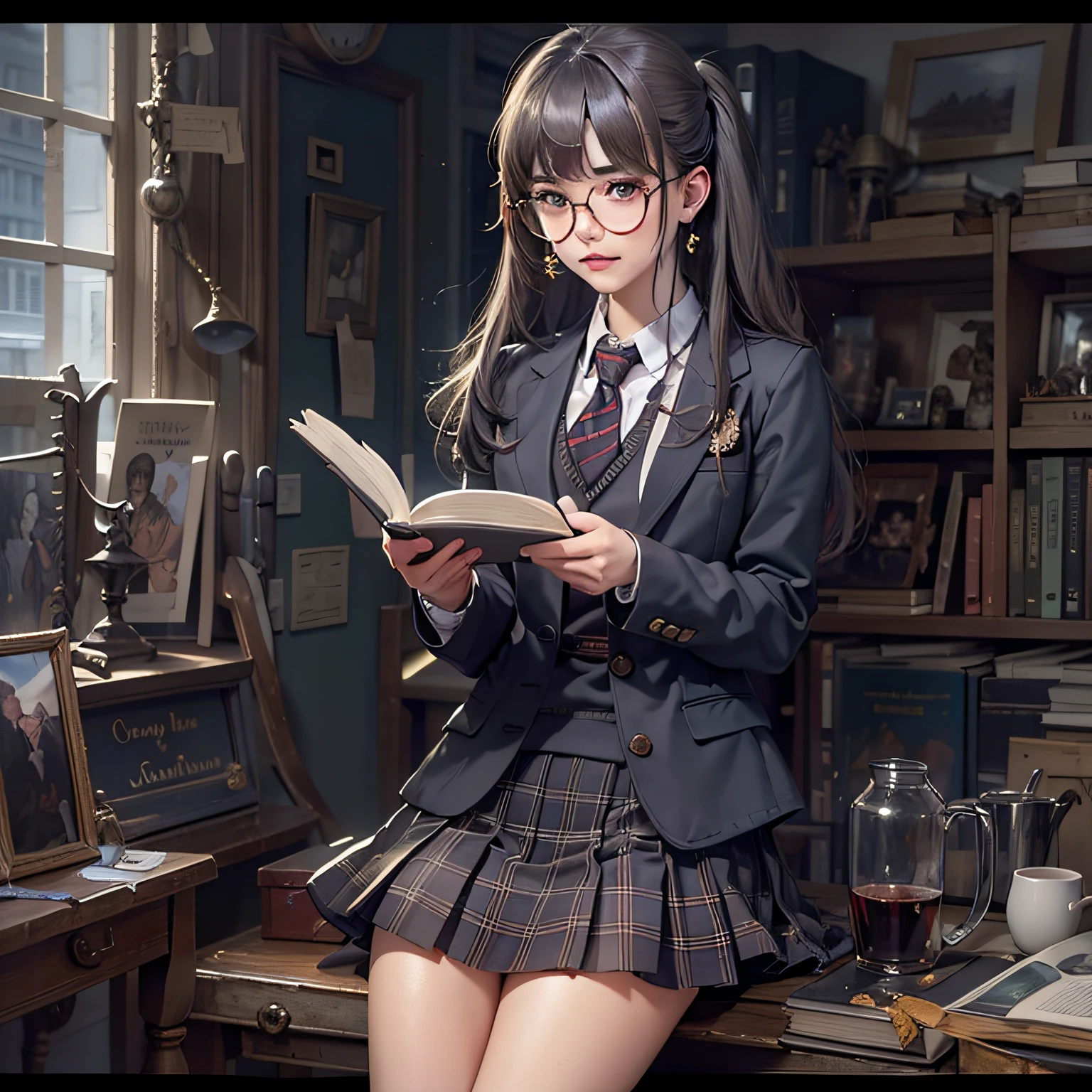 kr-pny, Outrageously long ponytail, Parted bangs, 1girll, school uniform, Dark gray open jacket, Dark gray blazer, Pleated skirt, plaid skirts, circle glasses, Reading a book, Shy and quiet girl, Look at objects, Extremely detailed hair, intricately details, Masterpiece, Best quality, Upper body, Realistic,Need,tmasterpiece,16k