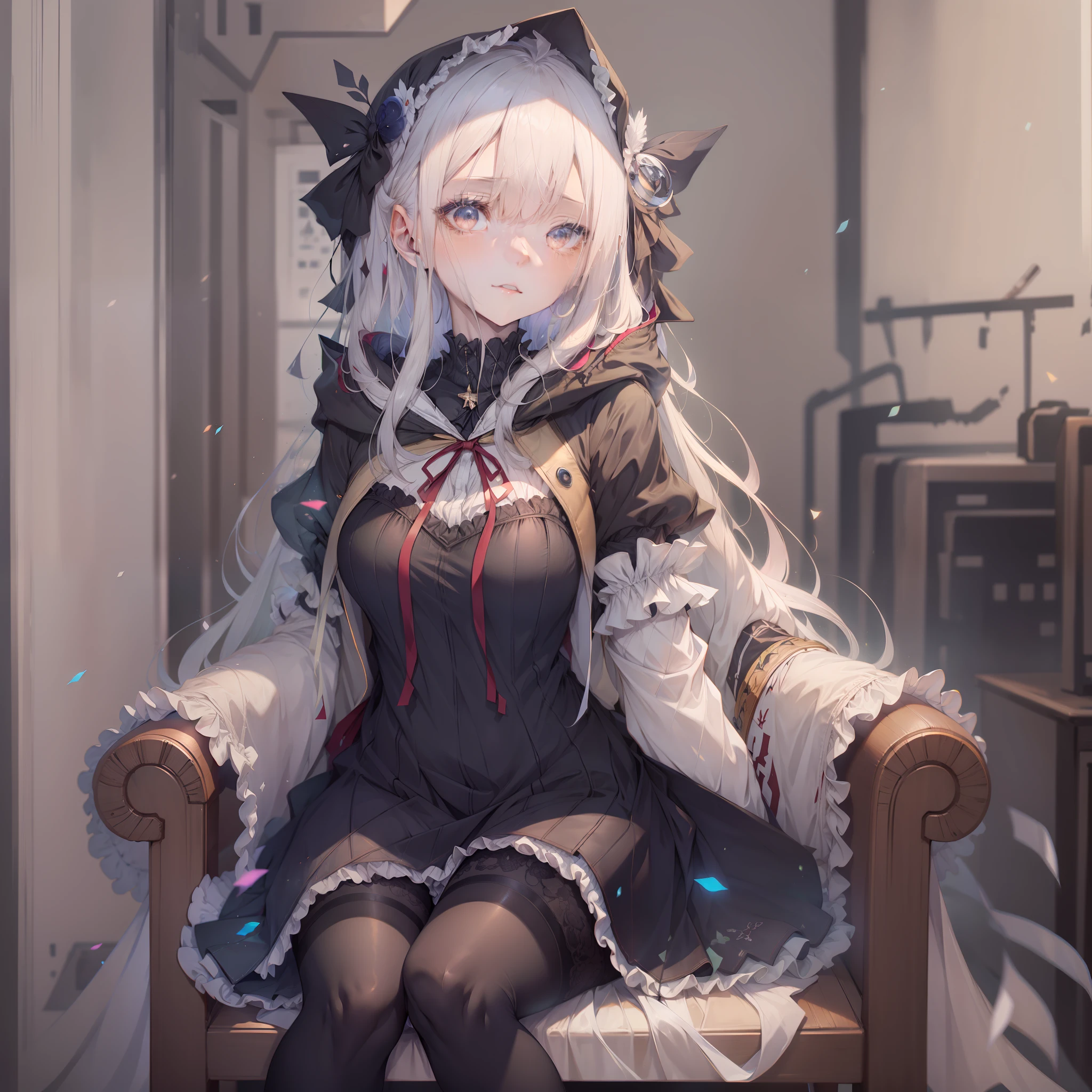 Anime girl sitting on chair wearing hood,Has long white hair , Anime art wallpaper 4 K, Anime art wallpaper 4k, Anime art wallpaper 8 K,  Anime loli, Beautiful anime girls，Hand comb hair，Blue pupils，black pantyhoses，Wide coat