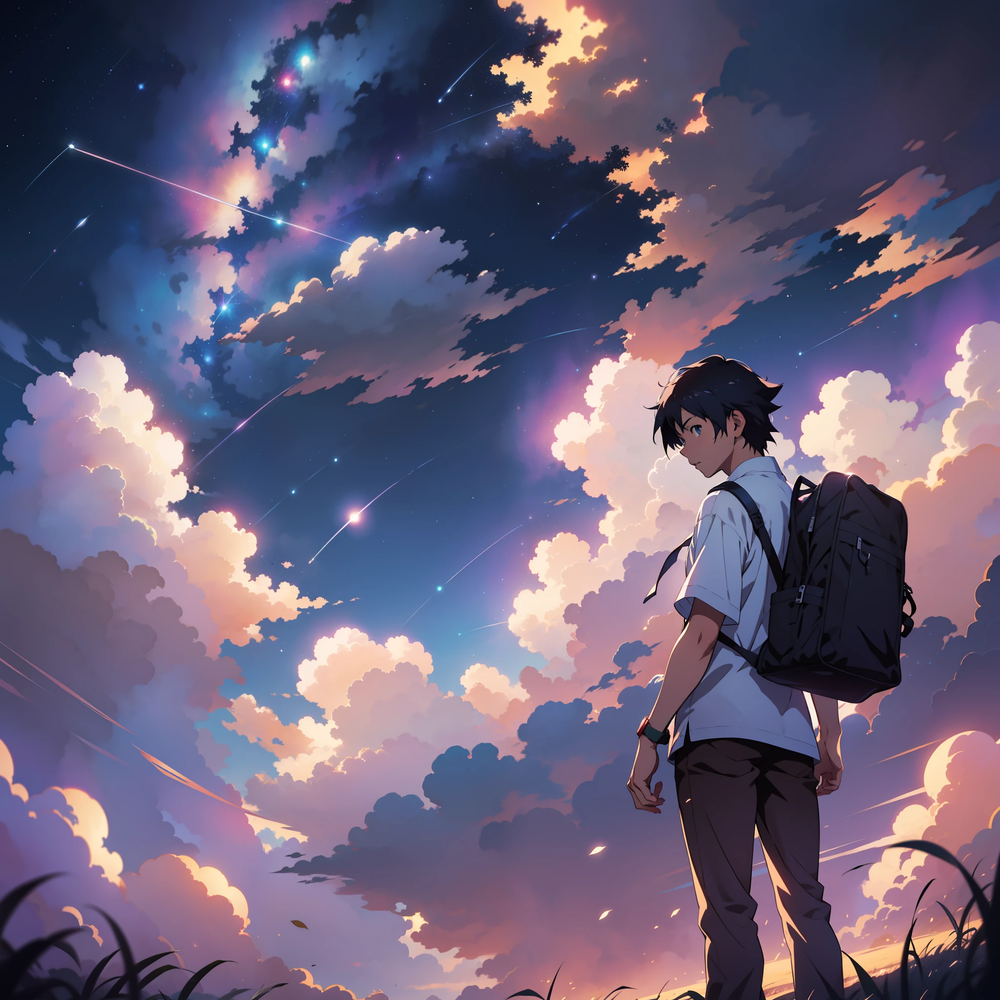 Anime voando sobre as nuvens, Anime anime wallpapers with views of the sky and stars, cosmic skies. Por Makoto Shinkai, Anime Art Wallpaper 4K, Anime Art Wallpaper 4K, Anime Art Wallpaper 8K, anime sky, paper awesome wallpaper, 4k anime wallpapers, 4k anime wallpapers, 4k anime wallpapers, Makoto Shinkai Cirilo Rolando, arte de fundo do anime