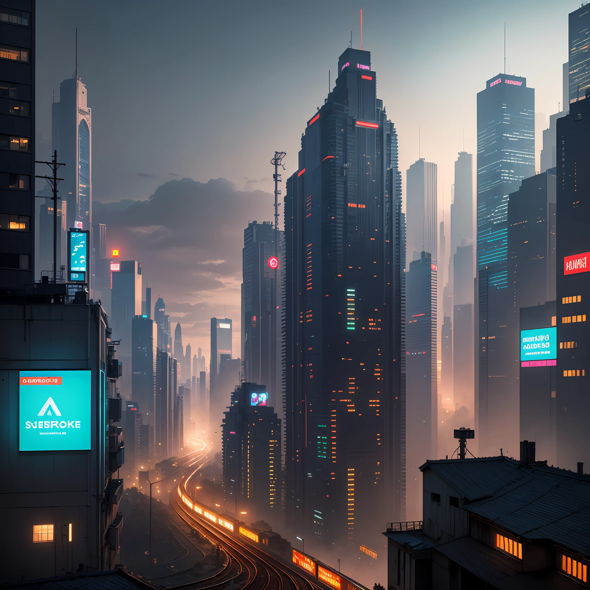 Highest quality, 8K, extremely realistic, super detail, masterpiece, (Cyberpunk Cityscape), vibrant colors, fog, night, train,rail --auto