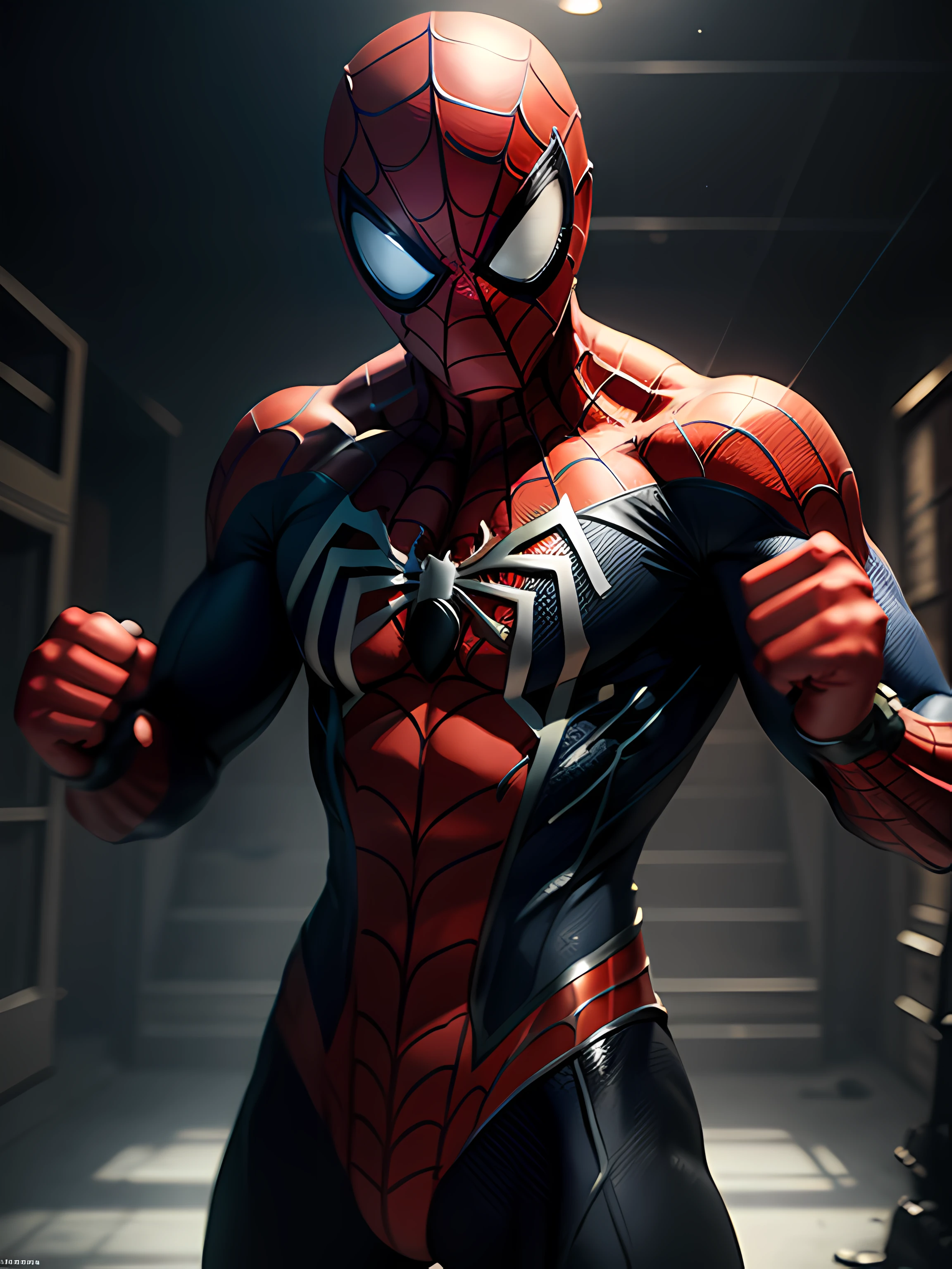 Spidey，Red and black suit，Punch your fist，Black ????? central spider，whiteeyes， PS5 movie screenshot， Highly detailed detailed movie rendering， ultra photorealistic raytricing， Pose with movie lighting --auto