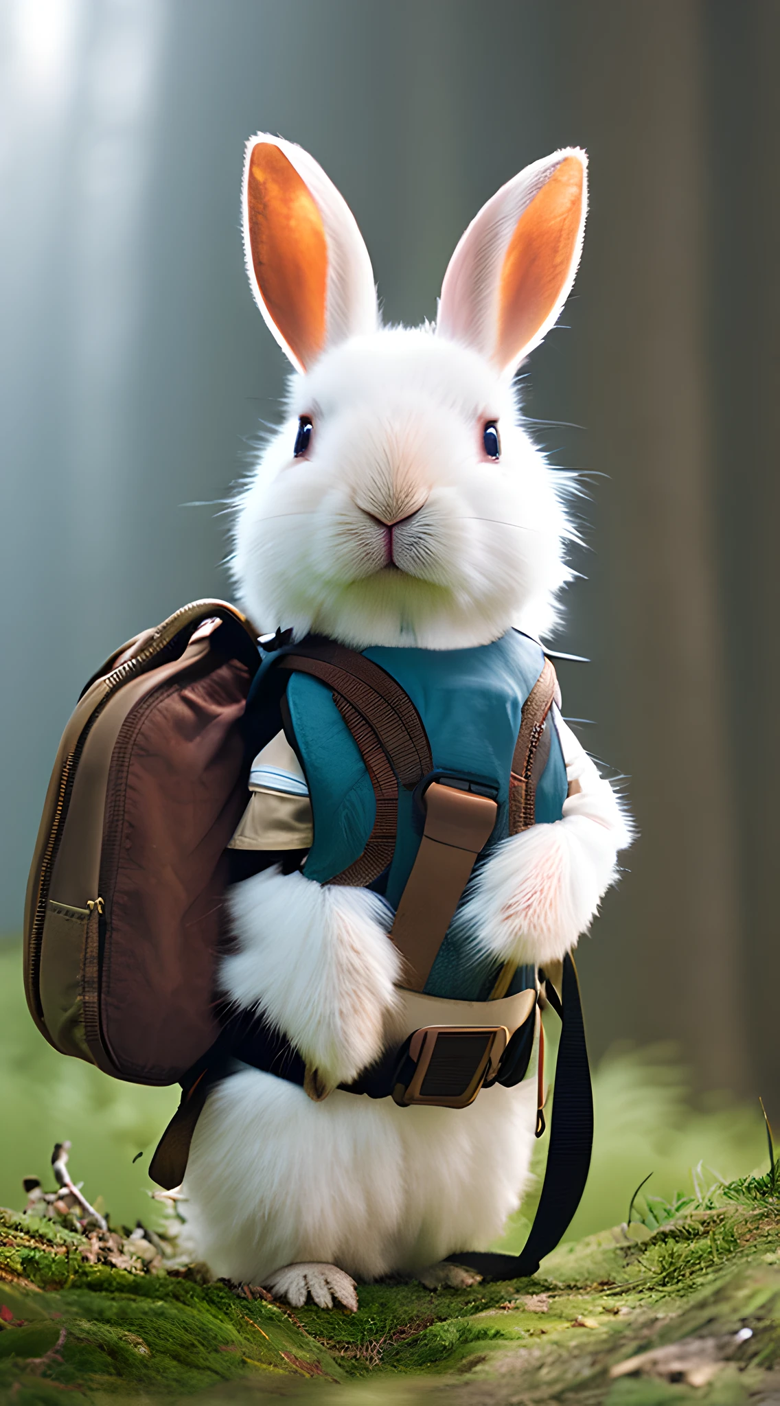 Classic negative portrait photo, fantasy video game character concept art, a cute white fluffy rabbit with a small brown leather backpack looking at a map hiking through the forest, dungeons and dragons, fantasy, river, haze, halo, Bloom, dramatic atmosphere, dark fantasy film of the 1970s, centered, rule of thirds