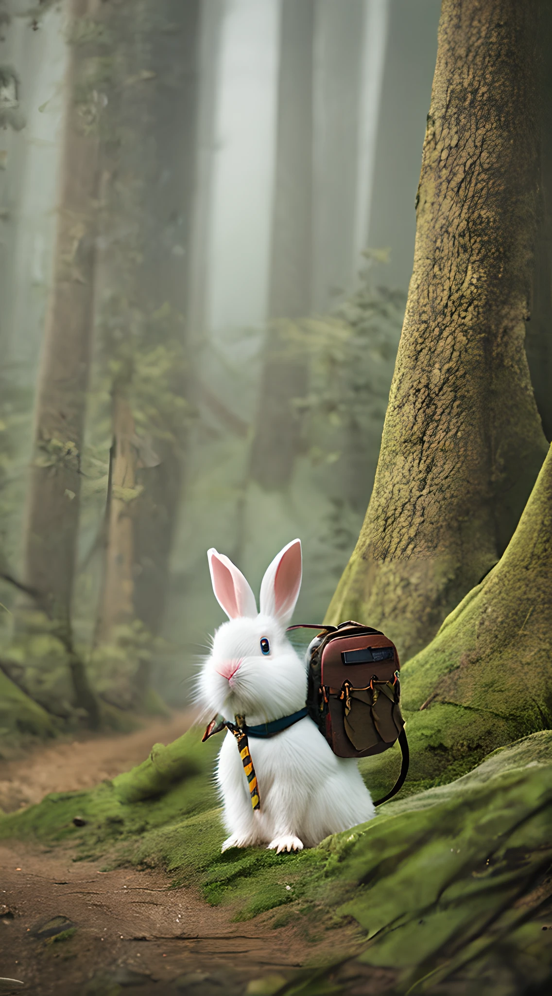 Classic negative portrait photo, fantasy video game character concept art, a cute white fluffy rabbit with a small brown leather backpack looking at a map hiking through the forest, dungeons and dragons, fantasy, river, haze, halo, Bloom, dramatic atmosphere, dark fantasy film of the 1970s, centered, rule of thirds