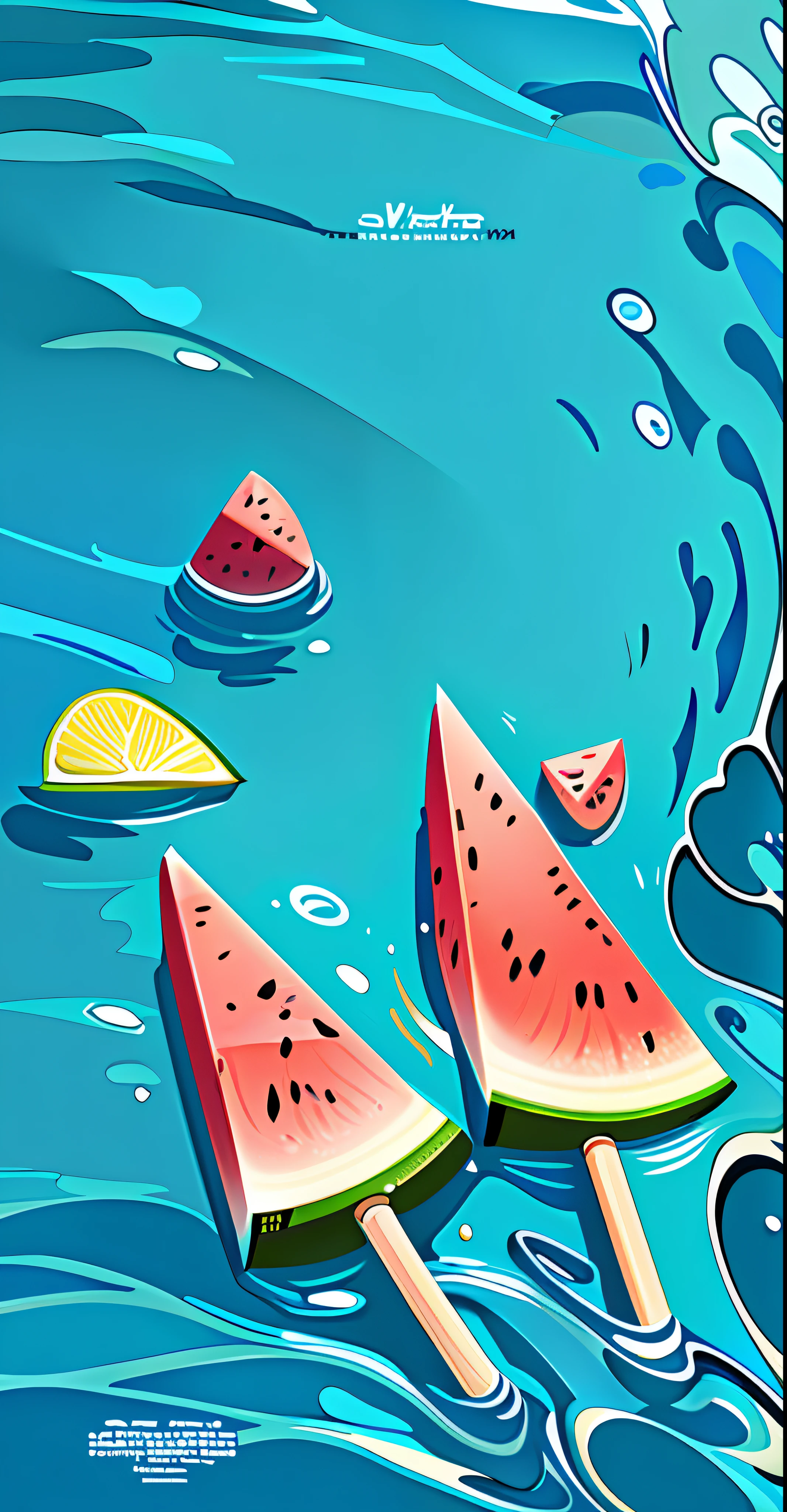 There is a poster,There is a watermelon on the surface of the water, poster for ; Summer, summer swimming party, lemons,Summer feeling, Summer time, summertime, chill summer, watermeloncore, material is!!! water melon!!!, illustration!, sleek cool waterproof design, 🐿🍸🍋, wallpaper - 1 0 2 4, Magical summer, Summer, water melon