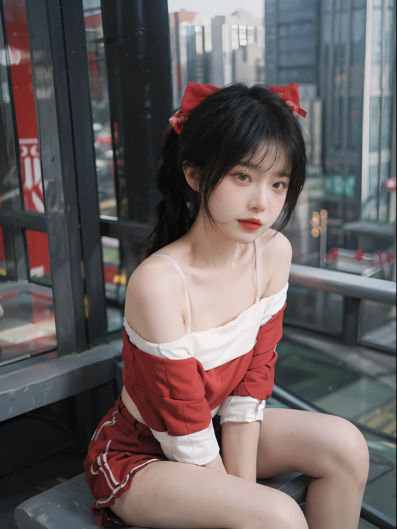 best qualtiy,tmasterpiece,超高分辨率,(true to life:1.4),1girll,Raised sexy,(Red off-the-shoulder top:1.9),Red off-the-shoulder top,(red colour),(Black shorts:1.9),(pigtails:1.9),(Red bow:1.9)(In the daytime:1.9), (In the daytime),Glowing skin,A detailed eye, 二重まぶた,White skin of the,Sitting charmingly on a tall building, Upper body photo