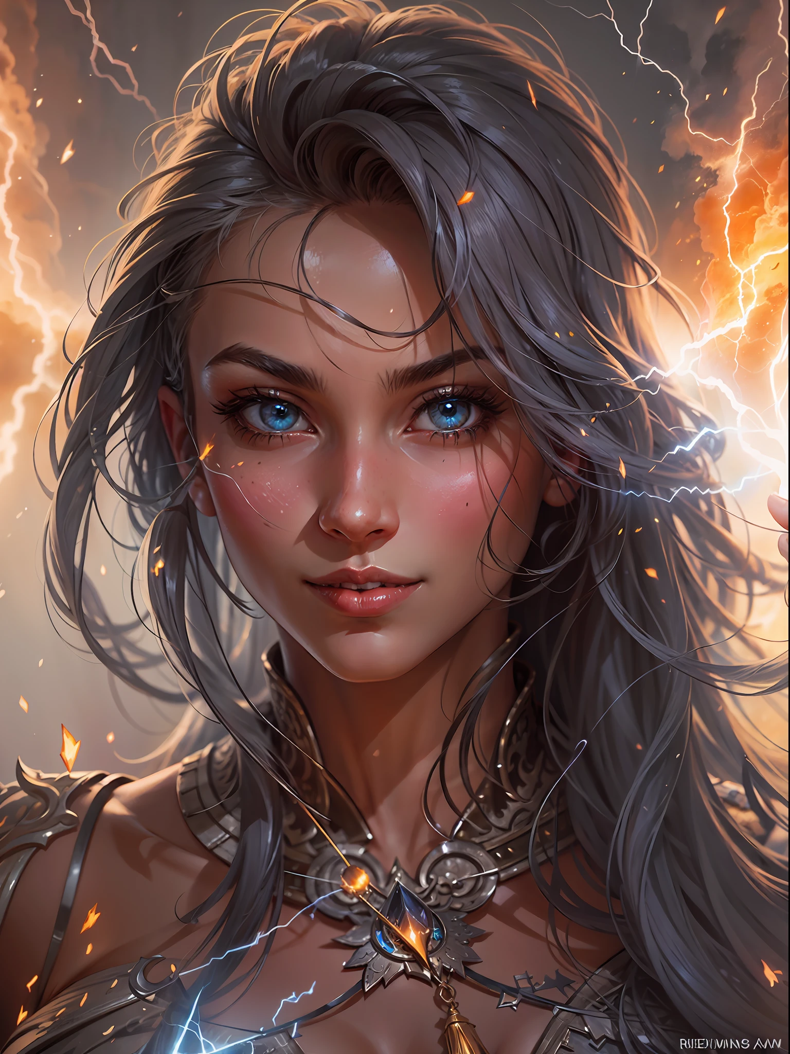 potrait a beautiful sorceress casting a lightning bolt spell, she is standing on a burning ground, fantasy background, various of lightning spark dazzling around her, fierce aura, countless of electric line run along her body, lightning armor, detailed revealing sorceress clothes, thunder in the background, BREAK detailed face, detailed shiny eyes, tall body, seductive body, mature body, full body, random pose of casting spell, medium breast, smile, looking at viewer, the around her is bursting with otherworldly power, BREAK best quality, masterpiece, trending deviant art, official art, 4k wall paper, fantasy, focused, perfect composition, cool color, vibrant color