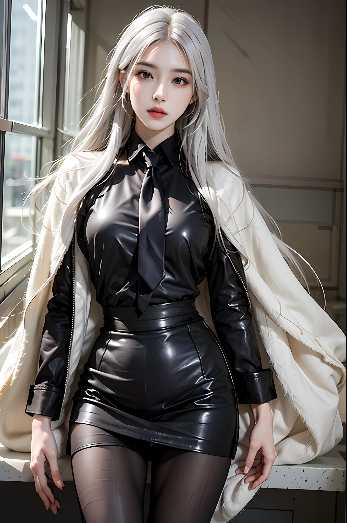 photorealistic, high resolution, 1 girl, hips up, beautiful eyes, white hair, long hair, ringed eyes, collared shirt,black necktie,black skirt, pencil skirt, fur coat