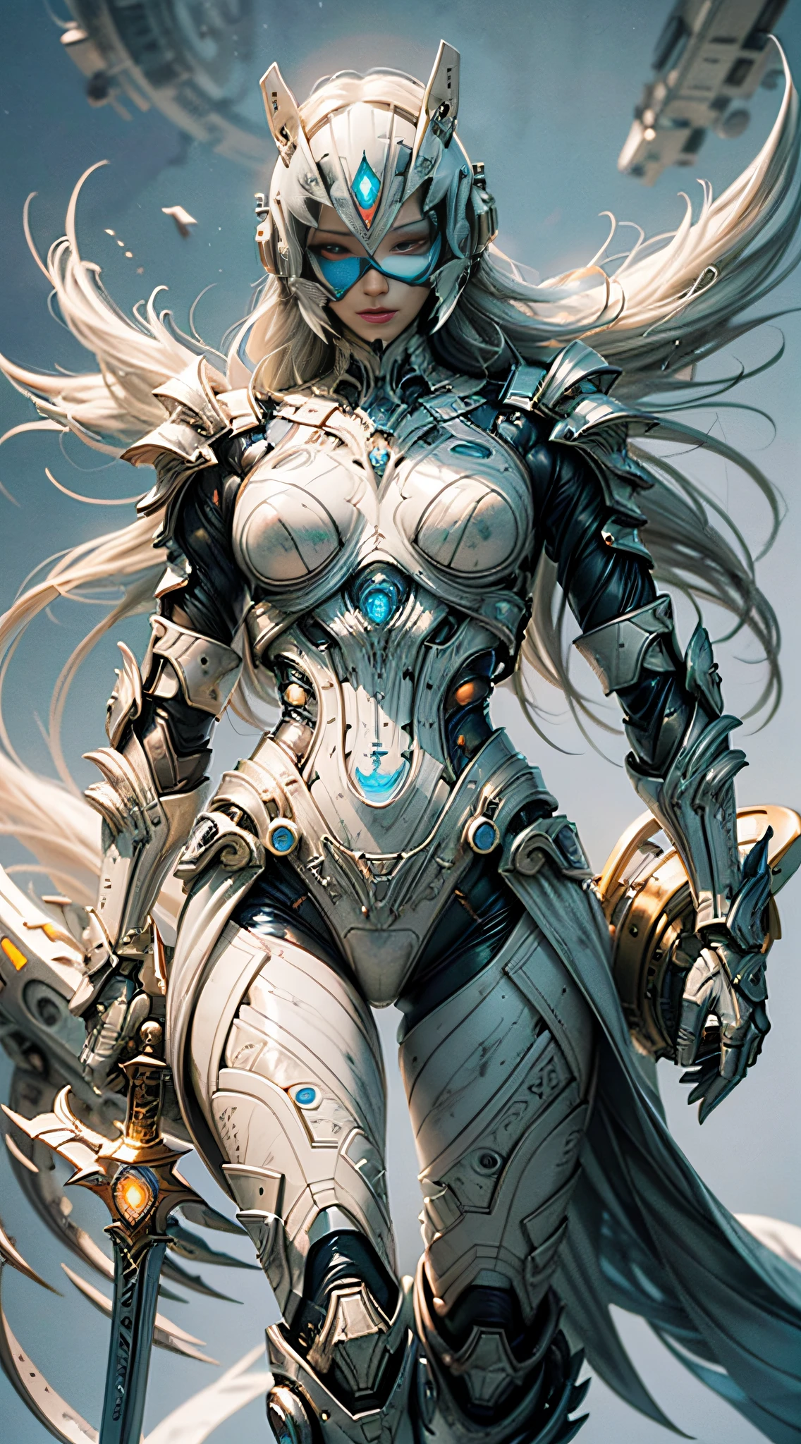 Amazing and clean human figure with all-white futuristic armor(clan,marble) holding light sword(glow) and with white futuristic technological mask, clean white background with scifi circular shapes