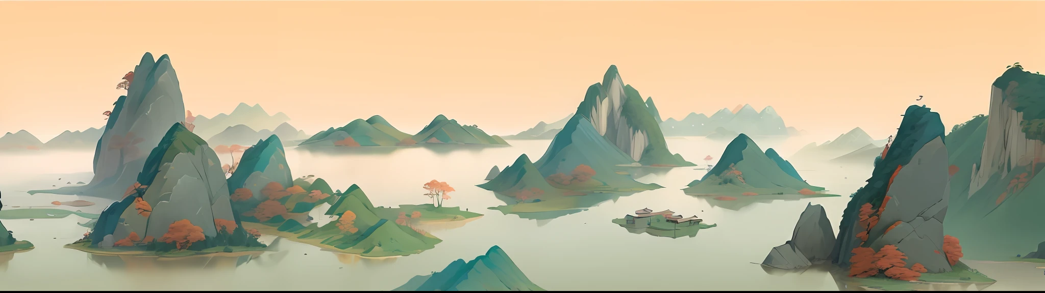 There is a painting of mountains,There is a lake in the middle, author:Li Tiefu, Chinese landscape, Floating mountains, Detailed scenery —width 672, ruan jian, inspired by Fei Danxu, inspired by Yuan Jiang, avatar landscape, artwork in the style of z.Show on the. gu, author:Xia Gui, su fu, author:Lee Jeon-suk