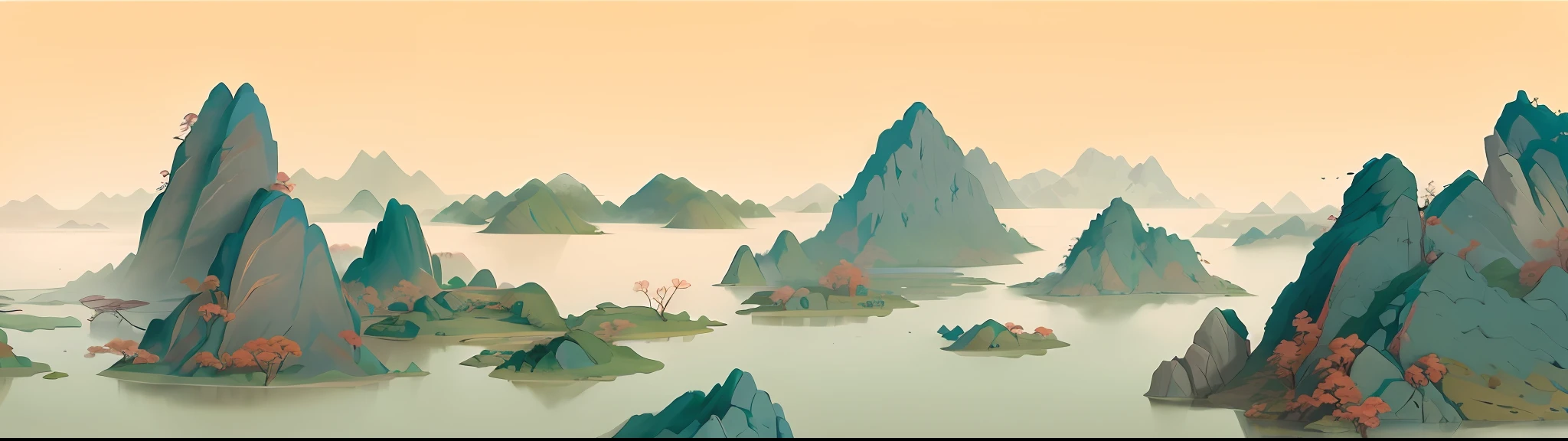 There is a painting of mountains,There is a lake in the middle, author:Li Tiefu, Chinese landscape, Floating mountains, Detailed scenery —width 672, ruan jian, inspired by Fei Danxu, inspired by Yuan Jiang, avatar landscape, artwork in the style of z.Show on the. gu, author:Xia Gui, su fu, author:Lee Jeon-suk