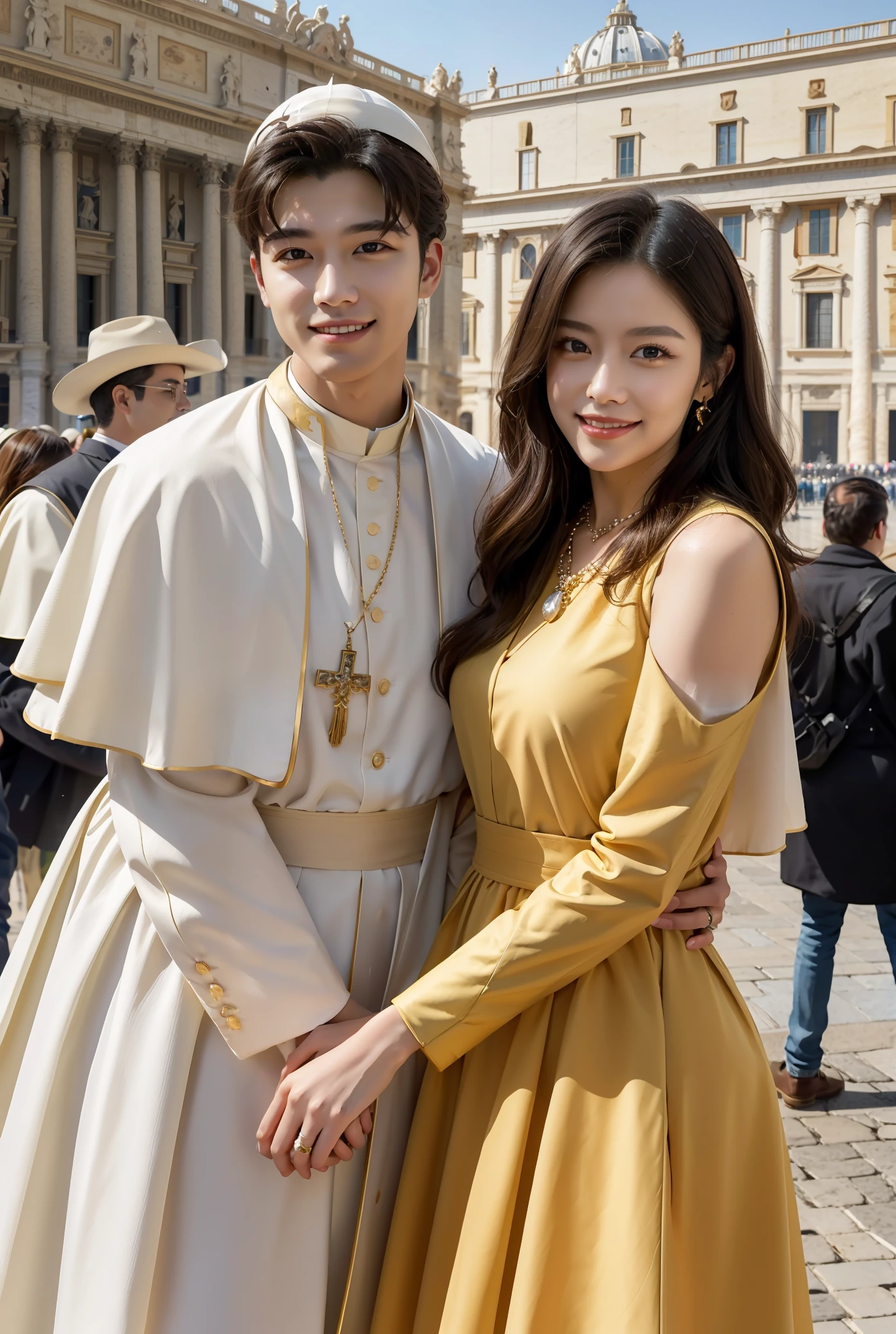 Masterpiece, 4K, Best quality, FELute, necklace,Gorgeous dress, (on the St. Peter's Square of Vatican,crowd),Bracers, Cowboy shot, view the viewer, Fake smile, Hand up