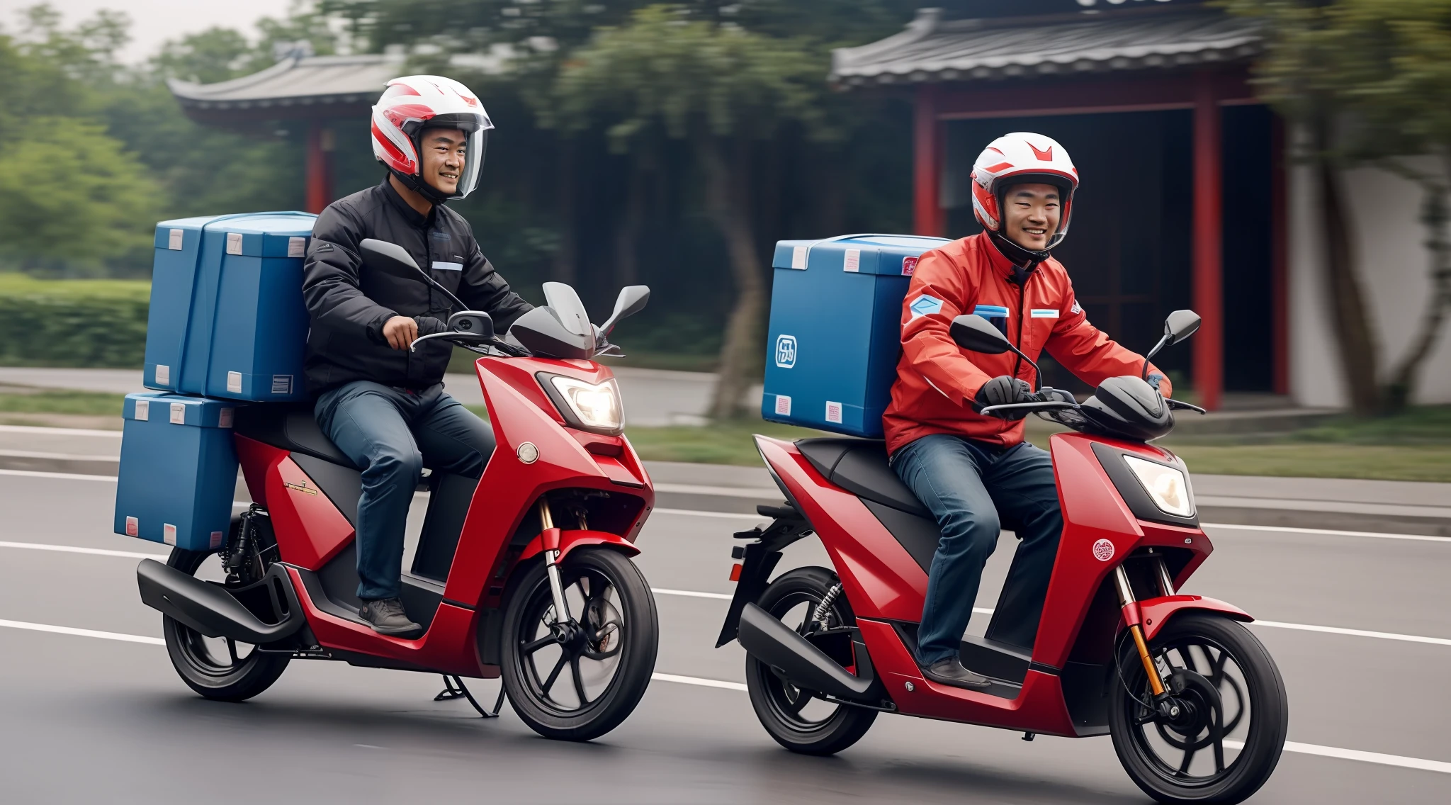 Stable diffusion generates high-definition photos of Chinese delivery people。On screen,There is a takeaway box in the back seat of the electric motorcycle,Delivery workers wear uniforms from delivery platforms,Wear a safety helmet,Smiling,Convey professionalism and warmth、Trustworthy feeling。