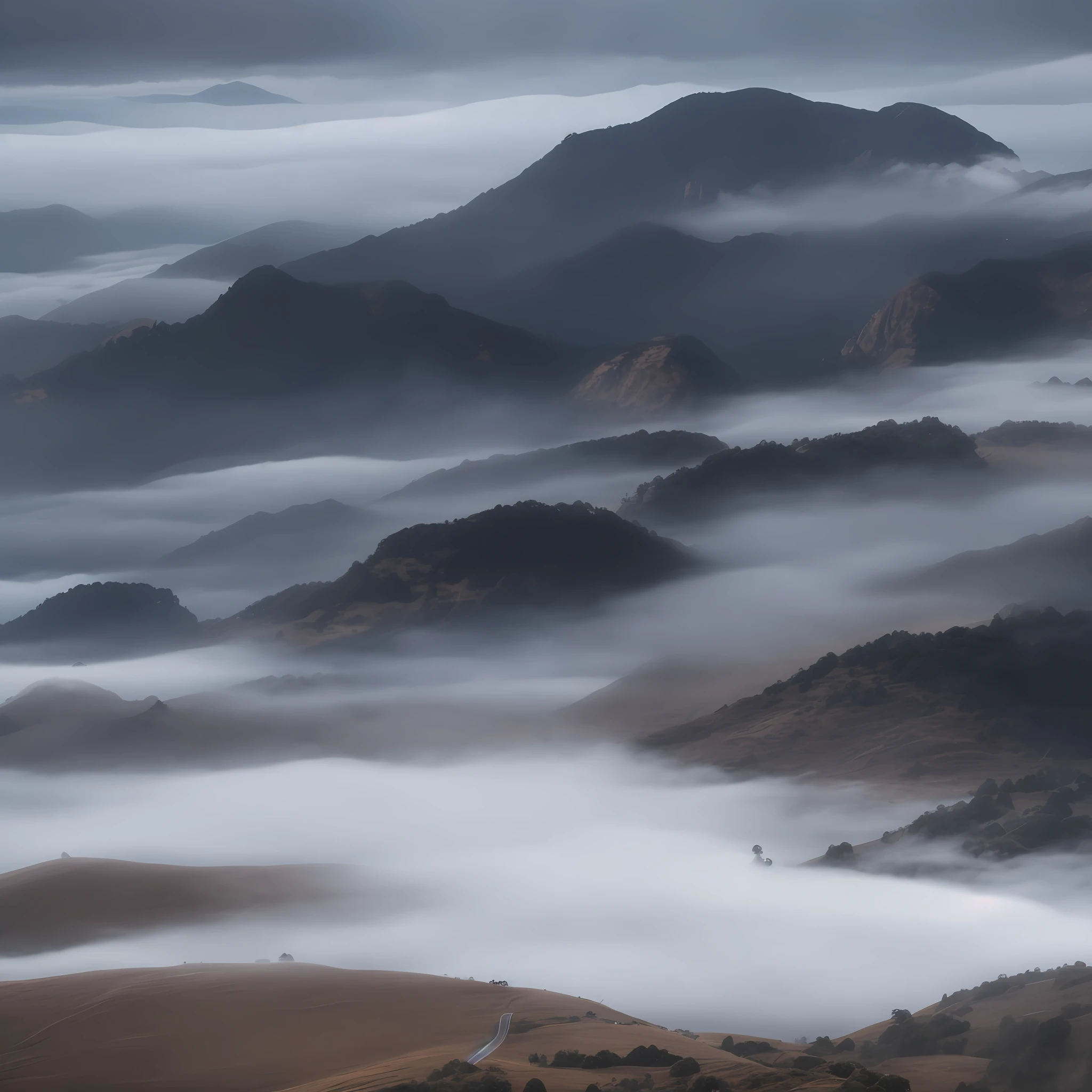 Mist-shrouded mountains and low clouds in the valley, Fog blanket, layered fog, (Mist), Billowing fog, Mist, Misty clouds, Heavy fog, wanderer above the sea of fog, foggy photo 8 k, Swirling fog, misty mountains, mountains in fog background, Low fog layer, in the bottom there a lot of fog, A wisp of fog