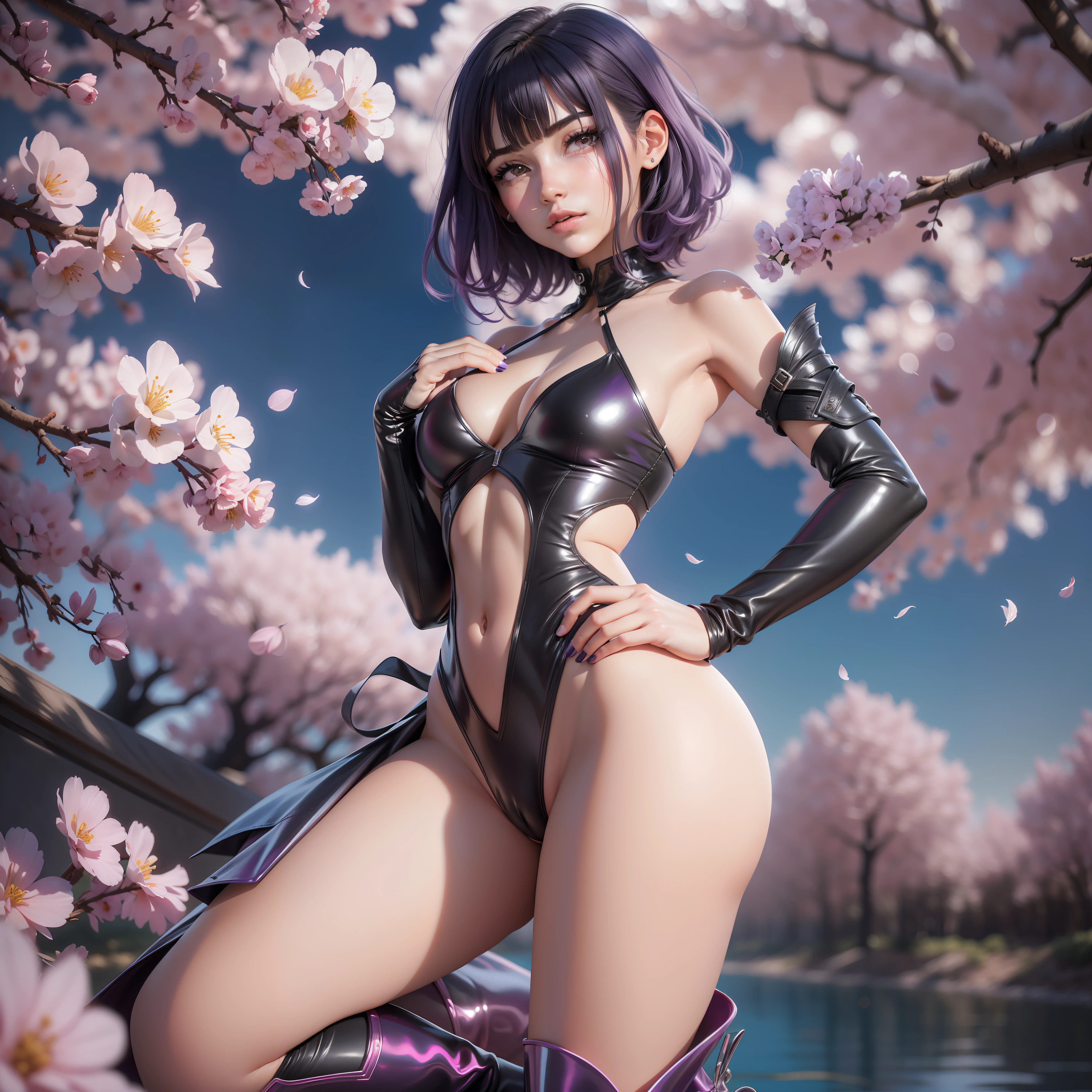 a 20-year-old girl surrounded by cherry trees,
cuerpo completo visible,
((17)) luz del sol,
desde abajo,
vista desde abajo,
edgScene black and purple,
hair (smooth flat),
short hair,
ojos morados,
Gargantilla,
(pechos enormes: 1.1),
sin sujetador,
(traje de ballet, plateado, ajustado),
(dedo del pie de camello, Cameltoe, en forma de,
Muslos grueso,
(mascara),
pies sumergidos en el rio,
(botas largas, tacones altos),
(obra maestra, mejor calidad), sthe highest qualit, cinematiclight, 4k,