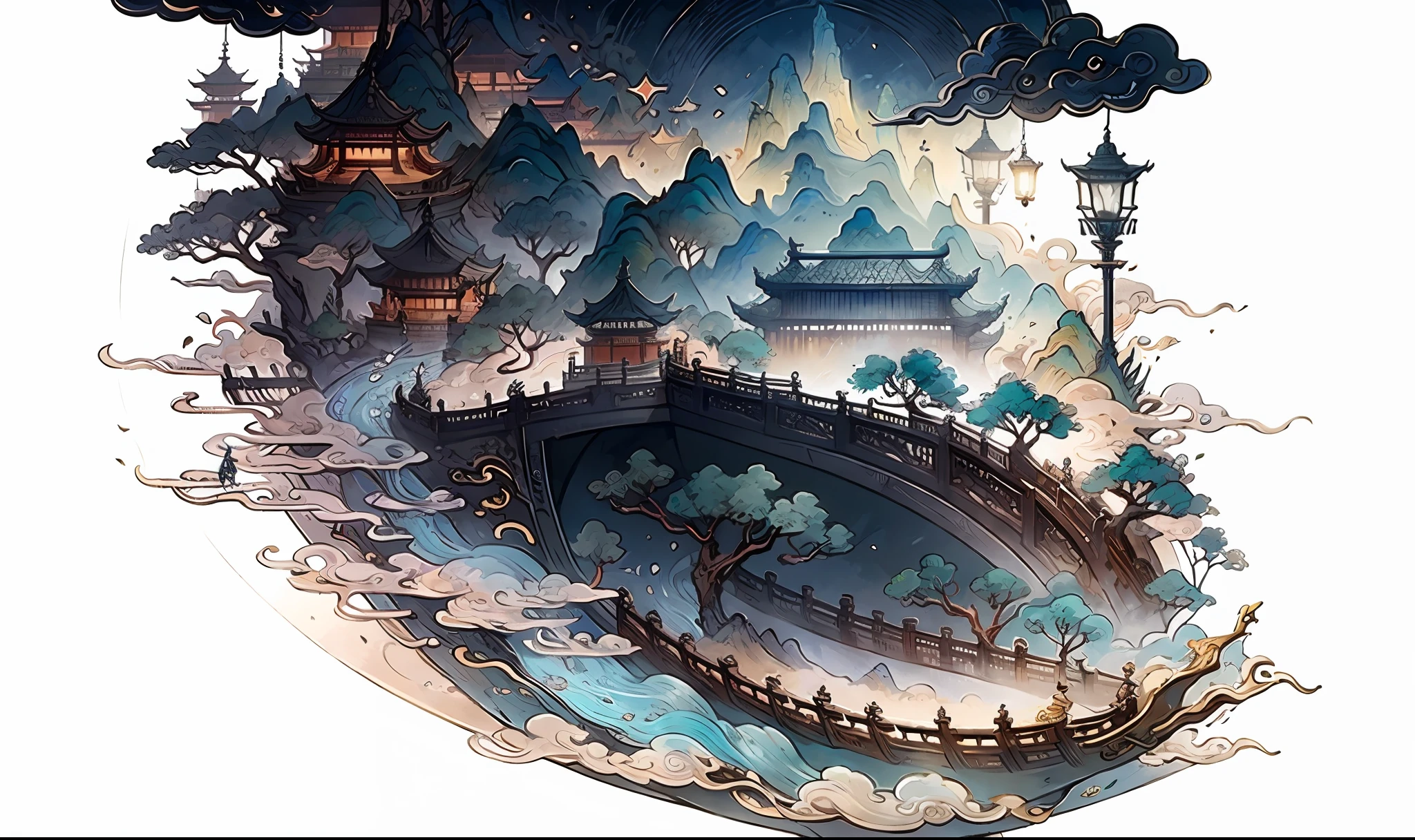 Ancient Chinese scenery, mountains, rivers, auspicious clouds, sunshine, white background, masterpiece, super detail, epic composition, Ultra HD, high quality, extremely detailed, official art, unified 8k wallpaper, Super detail, 32k -- v 6