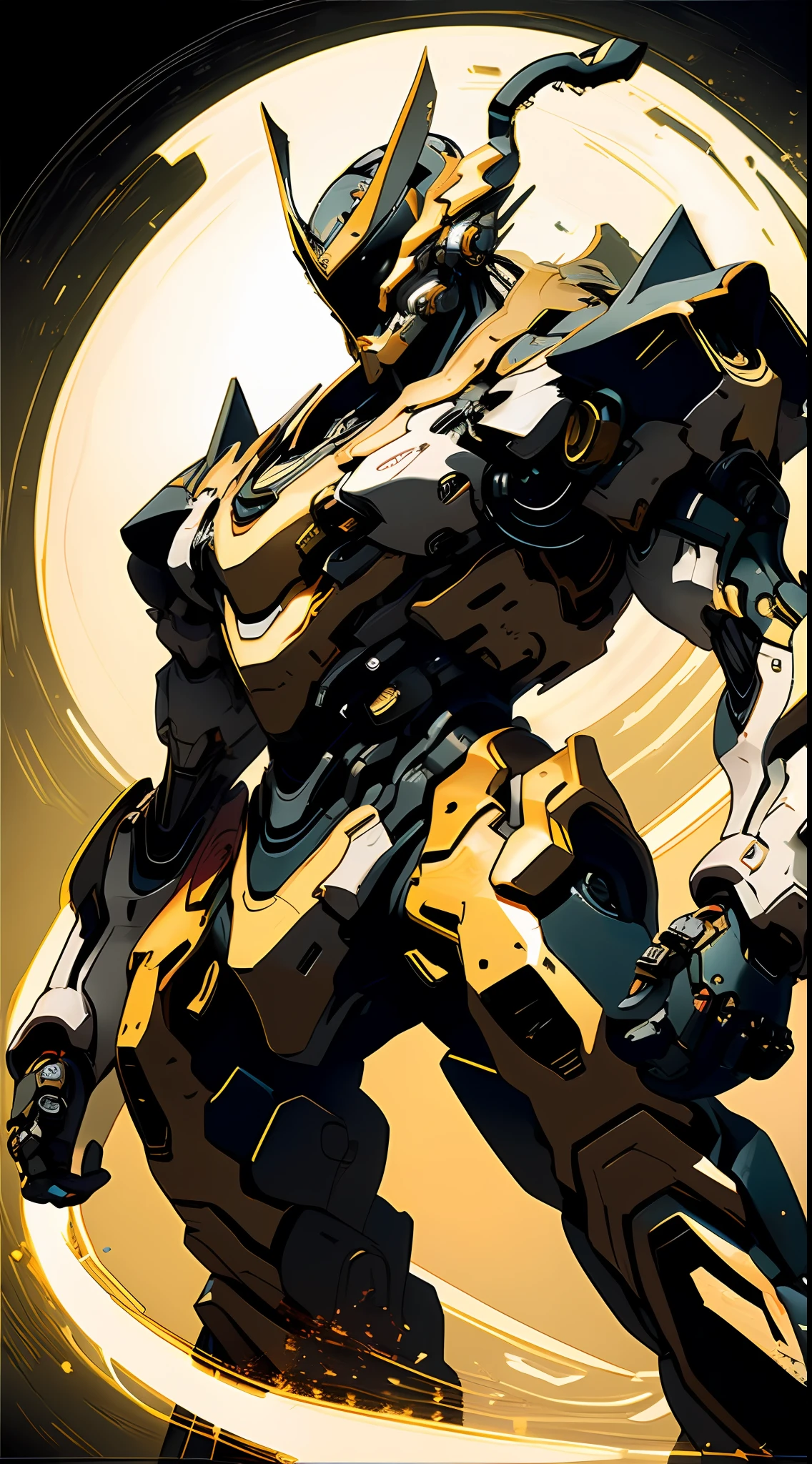 ((Black and gold line art)),1人, Ghost masks, dynamicposes, Cybernetic samurai armor, Robotic arm, scientific fiction, A glowing mech, Traditional Japanese style,Katana in hand,Combat posture,Fighting style,Negative space,动态照明,清晰的线条,hight contrast,hoang lap,best qualtiy,Negative space,urban backdrop,Perfectcomposition,Chiaroscuro composition