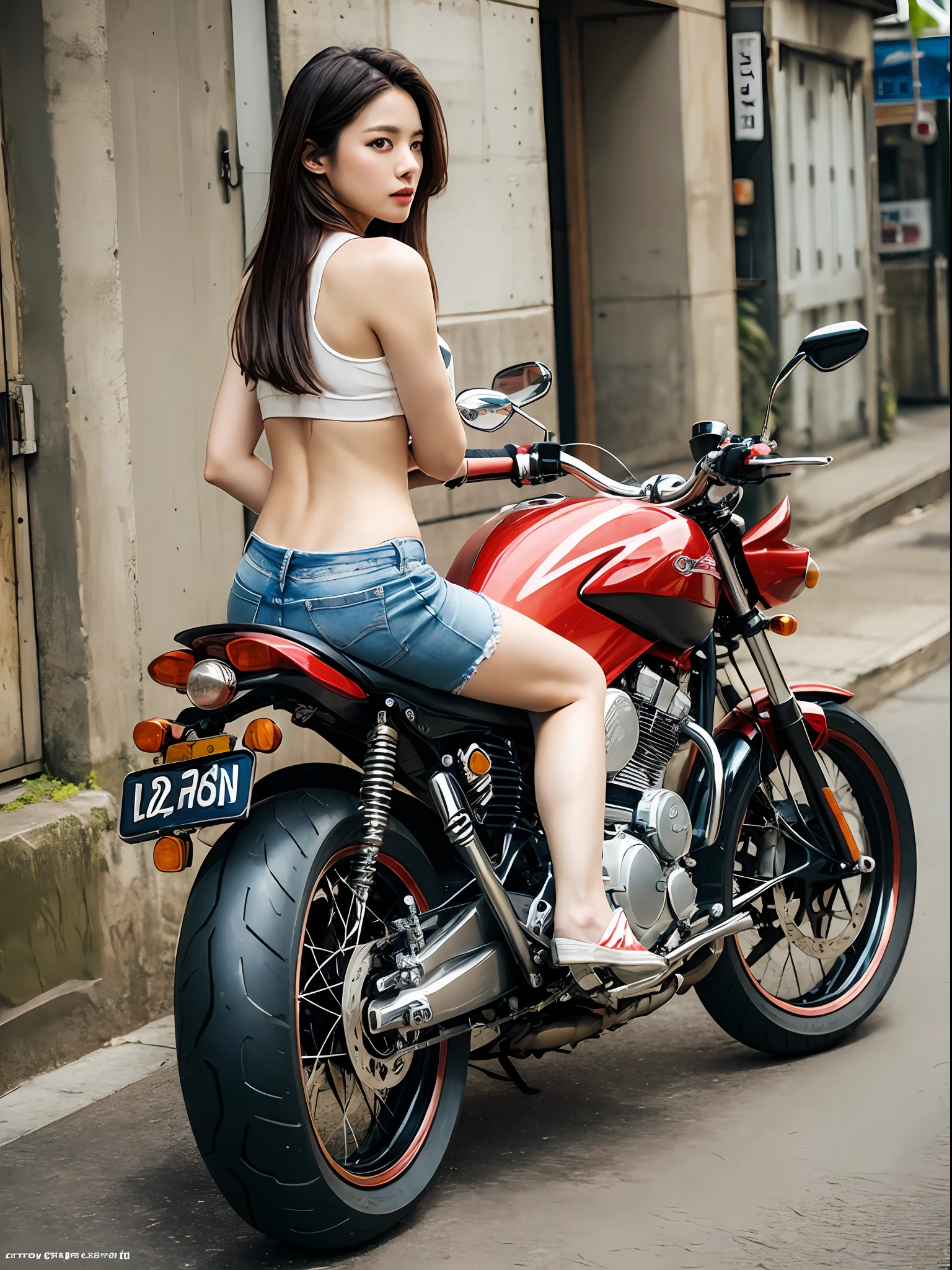 masterpiece、top-quality、1 female、20 years old、japanes、Tank Tops、Motorcycle background