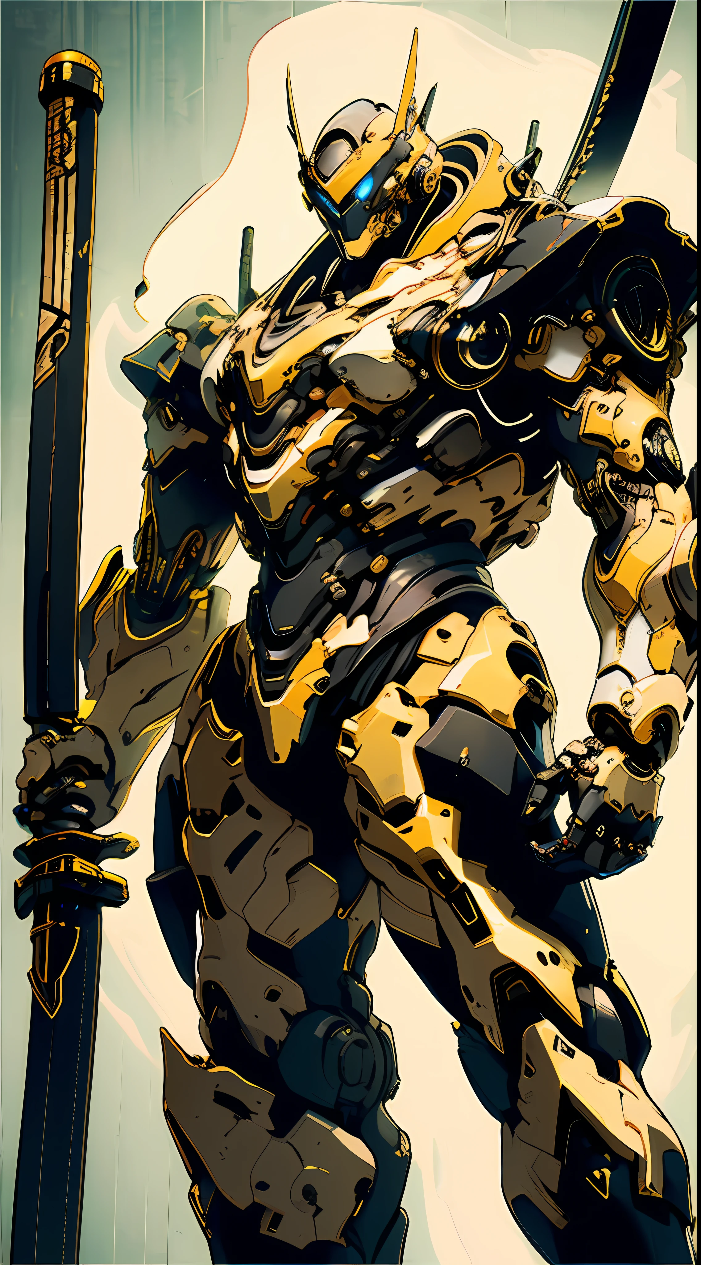 （（Black and gold line art）），1人， Ghost masks， dynamicposes， Cybernetic samurai armor， Robotic arm， scientific fiction， A glowing mech， Traditional Japanese style，Katana in hand，Combat posture，Negative space，动态照明，清晰的线条，hight contrast，hoang lap，best qualtiy，Negative space，urban backdrop，Perfectcomposition，Chiaroscuro composition