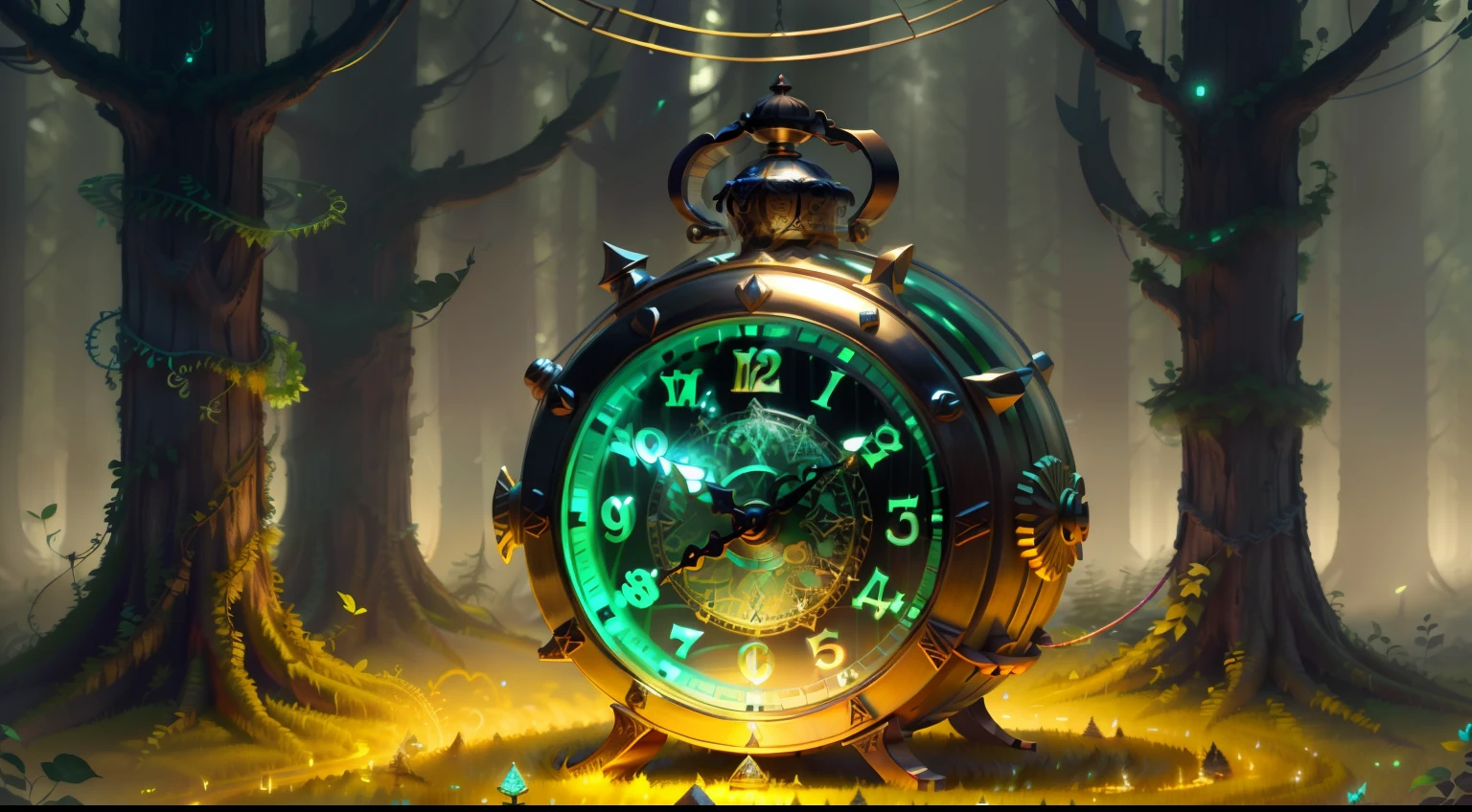 Photo of a large hand holding an antique gold watch, monstro, magia-fantasia-floresta, arte digital, most amazing art in the world, ((sem humanos)), Light Volumetric, cores suaves equilibradas, forest scenario, videiras, uhd, render de octanas 8k, magica, Awesome, ethereal, intrincado, design intrincado, ultra sharp, sombras, cores mais frias, trend in CGSociety, olhos brilhantes, ((melhor qualidade)), ((obra-prima)), (detalhado), antique clock
