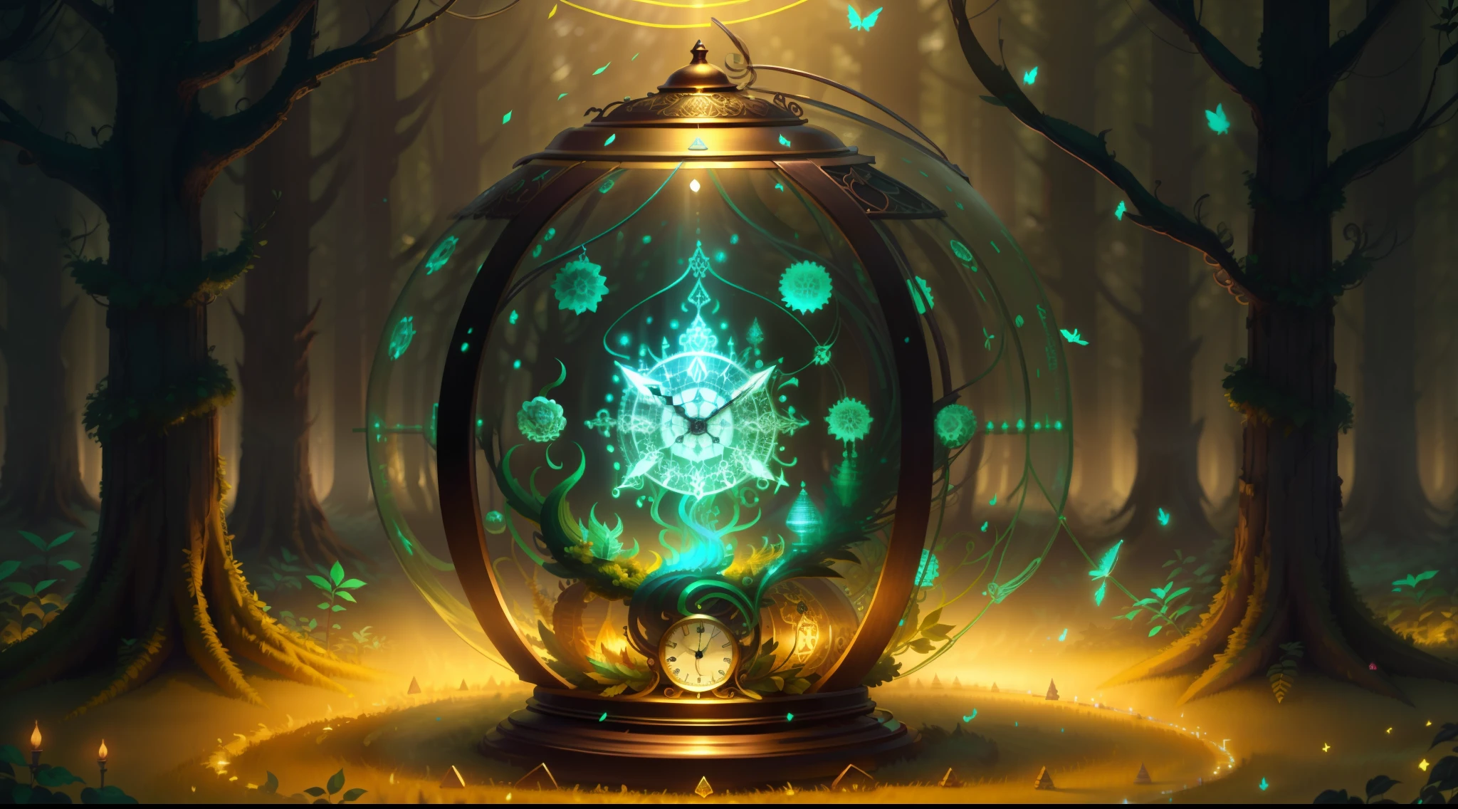 Photo of a large hand holding an antique gold watch, monstro, magia-fantasia-floresta, arte digital, most amazing art in the world, ((sem humanos)), Light Volumetric, cores suaves equilibradas, forest scenario, videiras, uhd, render de octanas 8k, magica, Awesome, ethereal, intrincado, design intrincado, ultra sharp, sombras, cores mais frias, trend in CGSociety, olhos brilhantes, ((melhor qualidade)), ((obra-prima)), (detalhado), antique clock
