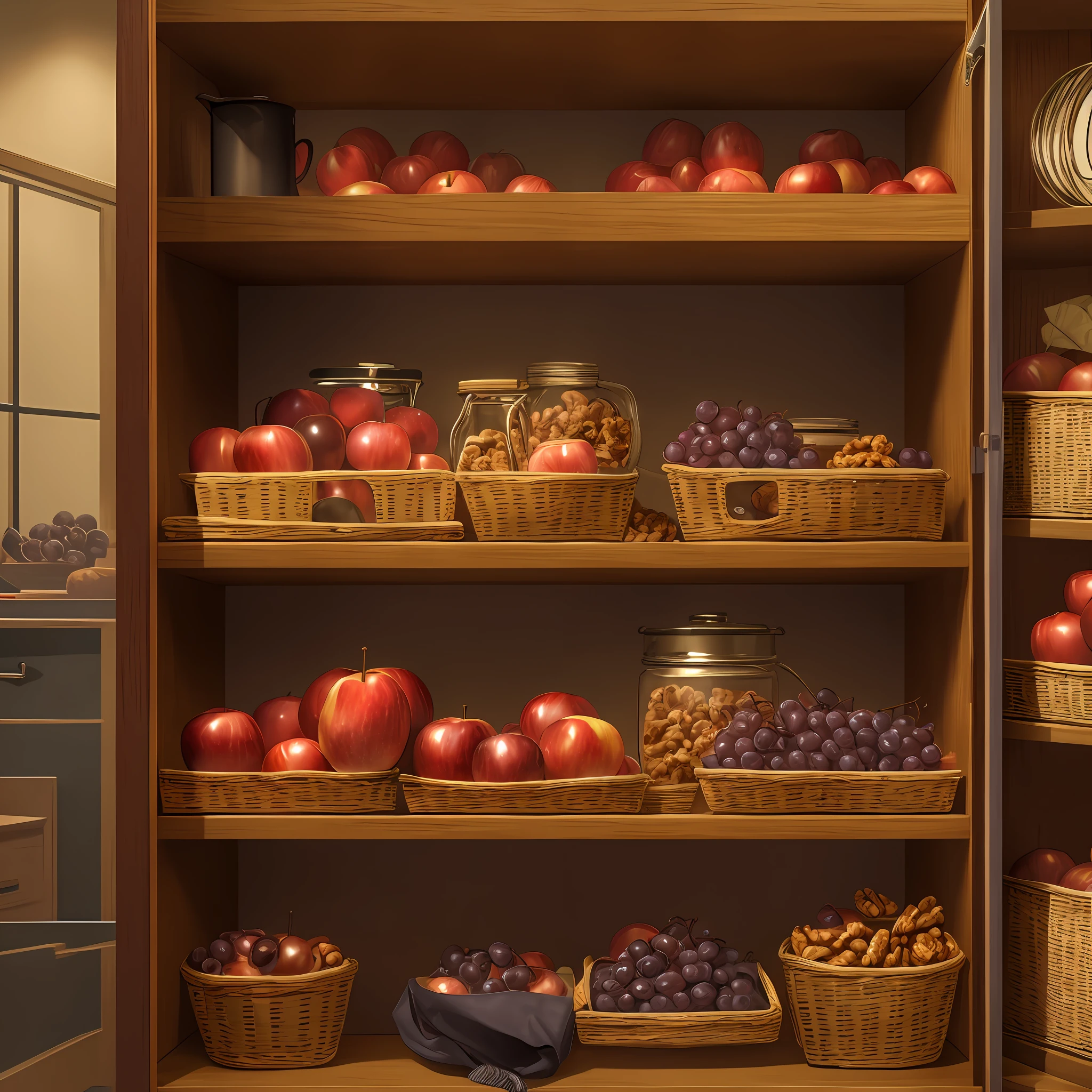 In the locker in the family living room,Together with red dates,Neatly placed,walnuts,grapes,apples ,The small blackboard next to it records the mood of the day,Please give me a 16:Figure of 9