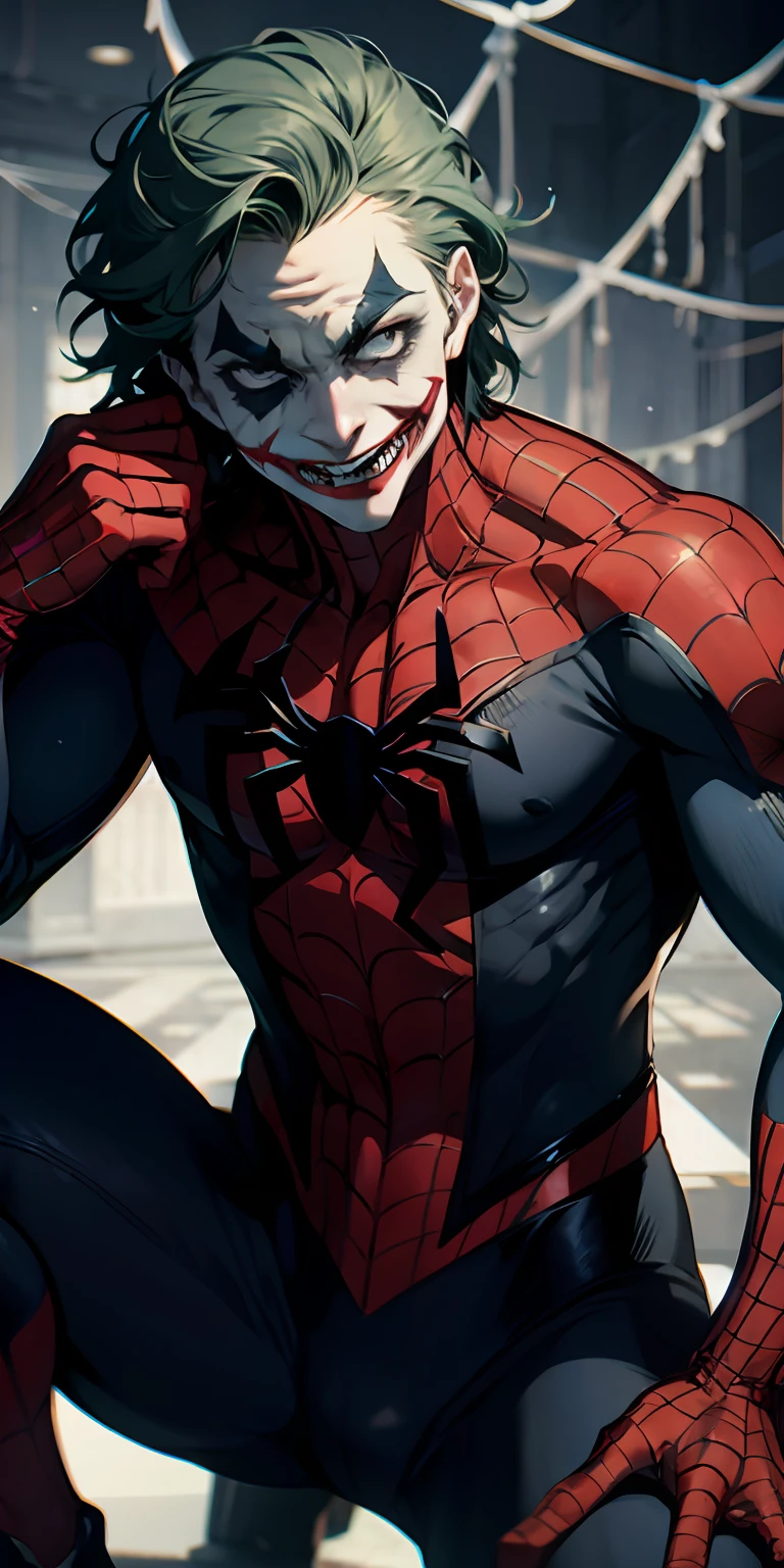 Joker and Spider-Man fusion, corpo masculino e forte, com biotipo ectomorfo forte e definido