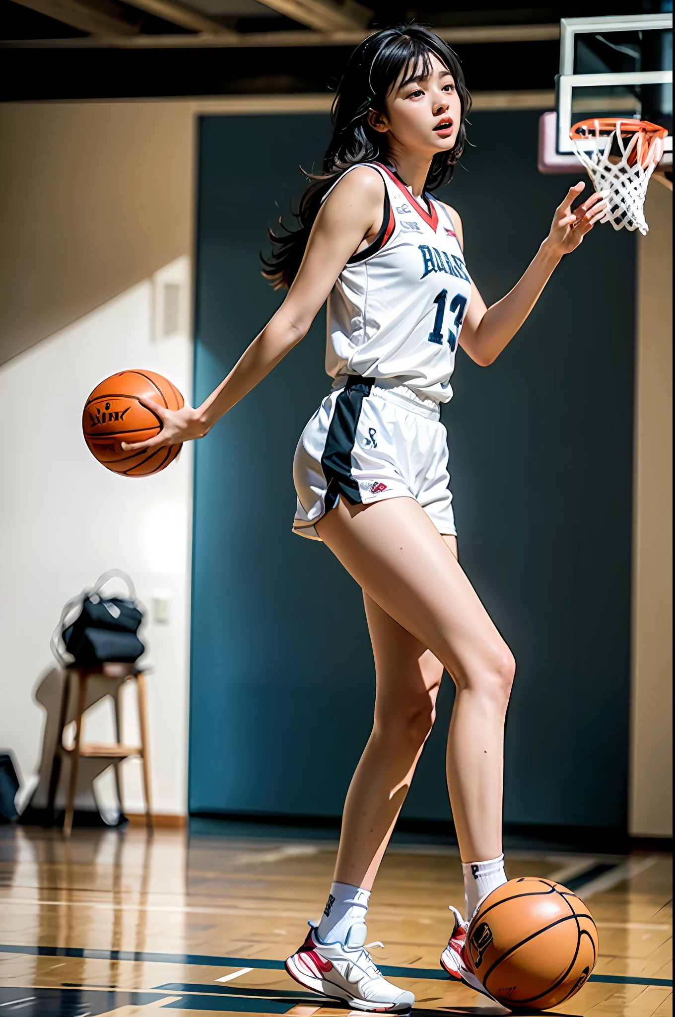 (8k, Best Quality, Masterpiece: 1.2), (Realistic, Realistic: 1.37), Ultra Detailed, Best Quality, Ultra High Resolution, Professional Lighting, Photon Mapping, Radiosity, Physically Based Rendering, Cinematic Lighting, Basketball Court, Depth of Field, Sharpness focus, sunlight, good composition, (bokeh: 1.2) 1girl, solo, (full body), (closed mouth), beautiful and detailed eyes, pose, narrow waist, basketball uniform, black hair, messy hair, long hair blowing in the wind, (ulzzang-6500:1.2) mix4, hiqcgbody