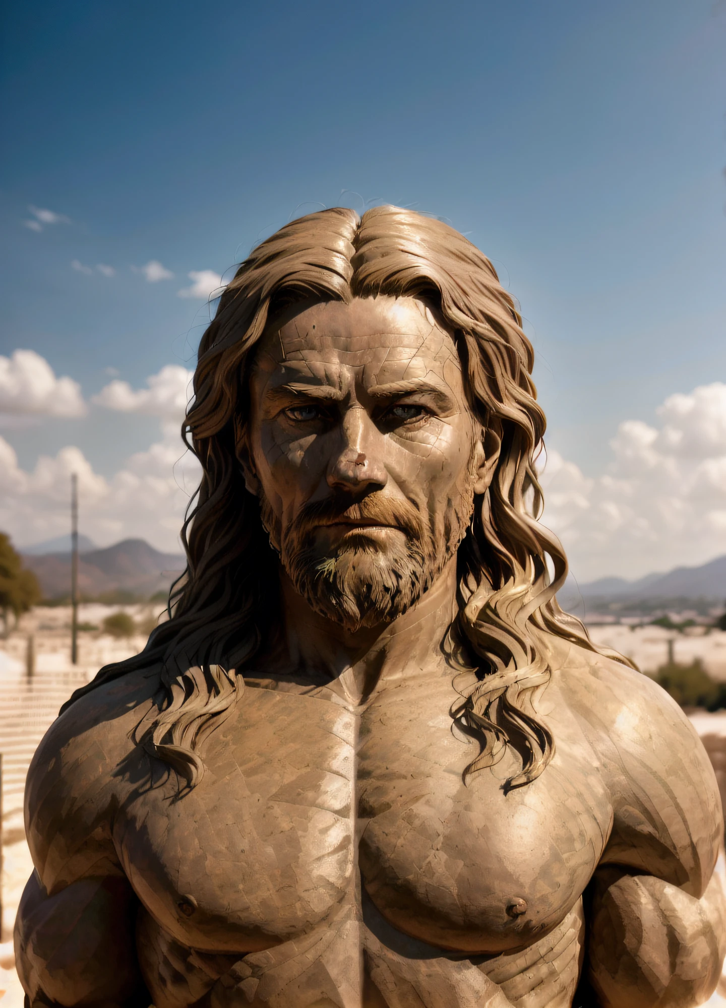 A stunning intricate full colour upper body statue of a man ((made of stone)), long hair, 
epic character composition,
by ilya kuvshinov, alessio albi, nina masic,
sharp focus, natural lighting, subsurface scattering, f2, 35mm, film grain