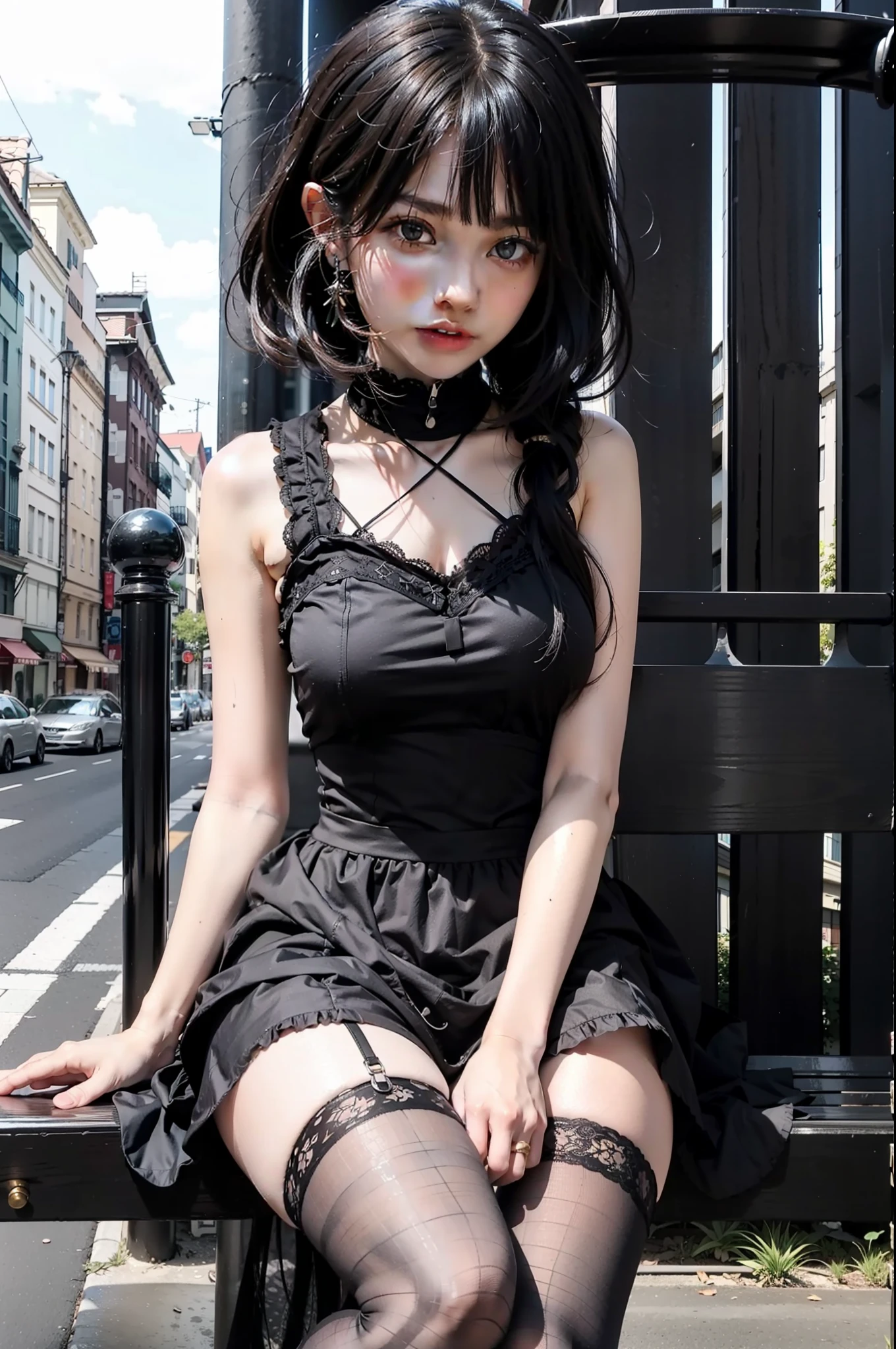 anime girl sitting on a bench in a city with a black dress, anime girl wearing a black dress, anime moe artstyle, seductive anime girl, anime visual of a cute girl, an anime girl, attractive anime girl, loli in dress, cute anime waifu in a nice dress, (anime girl), anime best girl, beautiful anime girl, by Jin Homura, tokisaki kurumi