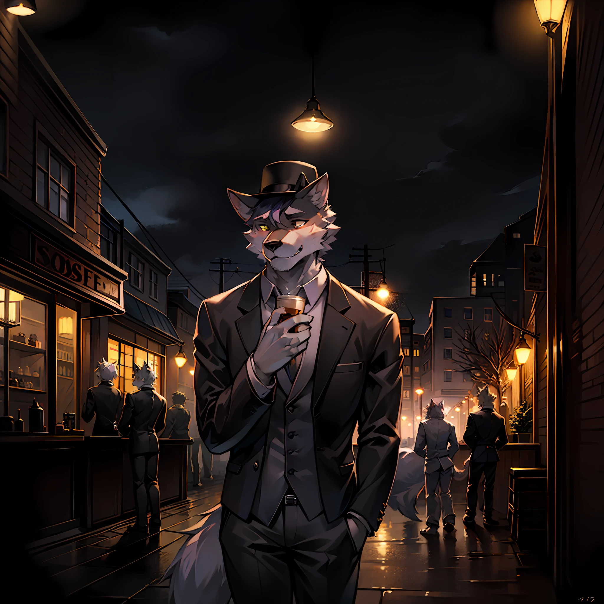 独奏，Sixteen-year-old wolf orc teenager，silver fur，Handsome model，Face away from the picture，wearing black suits，Wear a gentleman's hat，drinking a coffee，Back shadow，heavy rain，nighttime scene，coffeehouse，the street lights，cold shades