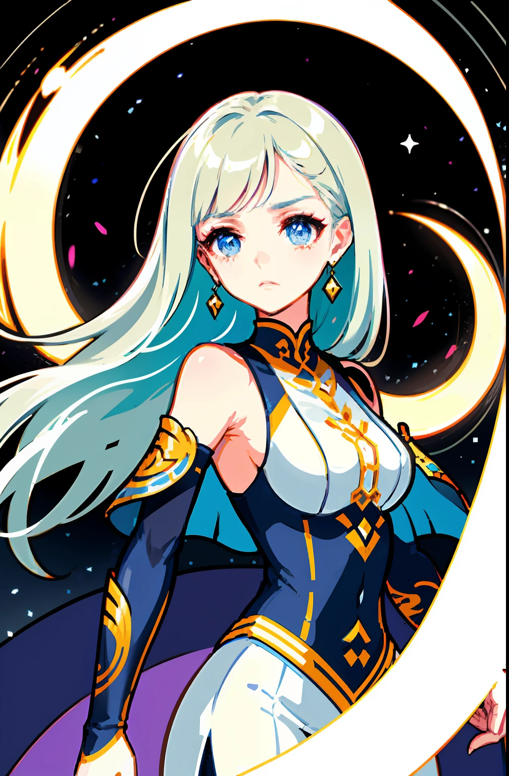 offcial art，full bodyesbian，Extreme picture quality，ultradetailed，A beautiful girl with white hair，Wearing a short white skirt，hair over shoulders，ethereal and graceful，With a faint sad expression on his face，High in the air，Prominent figure。