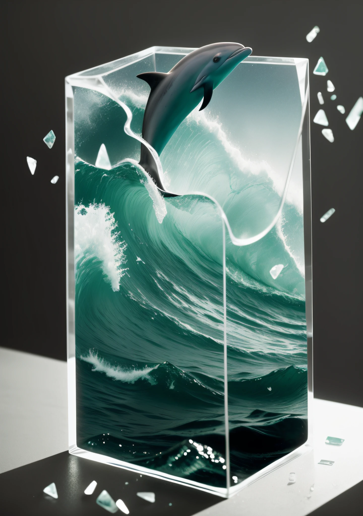 Clear crystal cuboid，There are waves inside，The dolphin jumps up and touches the lame glass，Splashes of glass shards，There are a lot of shards of glass on the table，The wave of reality and brainwashing，（（Bright waters）），Pastel warm gray background，（Fog in the sea：1.2），atmosphere，cinematic ligh，Dull colors，Dark shots，pastel colour，Film graininess，lute，Spooky like