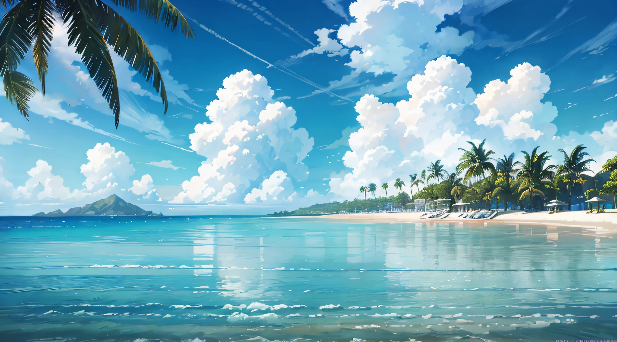 There is a picture of a beach with palm trees and boats, beautiful anime scenery, anime beautiful peace scene, detailed scenery —width 672, beautifull fluffy clouds. animesque, animation background art, blue sea. by shinkai makoto, landscape artwork, anime scenery, Anime landscape wallpaper, Wallpaper animation blue water, anime landscape concept art, anime backgrounds