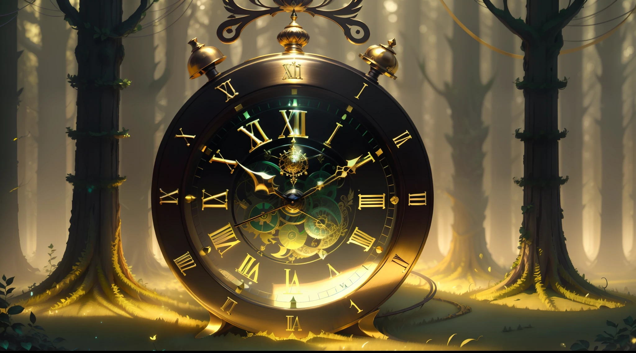 Photo of a large hand holding an antique gold watch, monstro, magia-fantasia-floresta, arte digital, most amazing art in the world, ((sem humanos)), Light Volumetric, cores suaves equilibradas, forest scenario, videiras, uhd, render de octanas 8k, magica, Awesome, ethereal, intrincado, design intrincado, ultra sharp, sombras, cores mais frias, trend in CGSociety, olhos brilhantes, ((melhor qualidade)), ((obra-prima)), (detalhado), antique clock