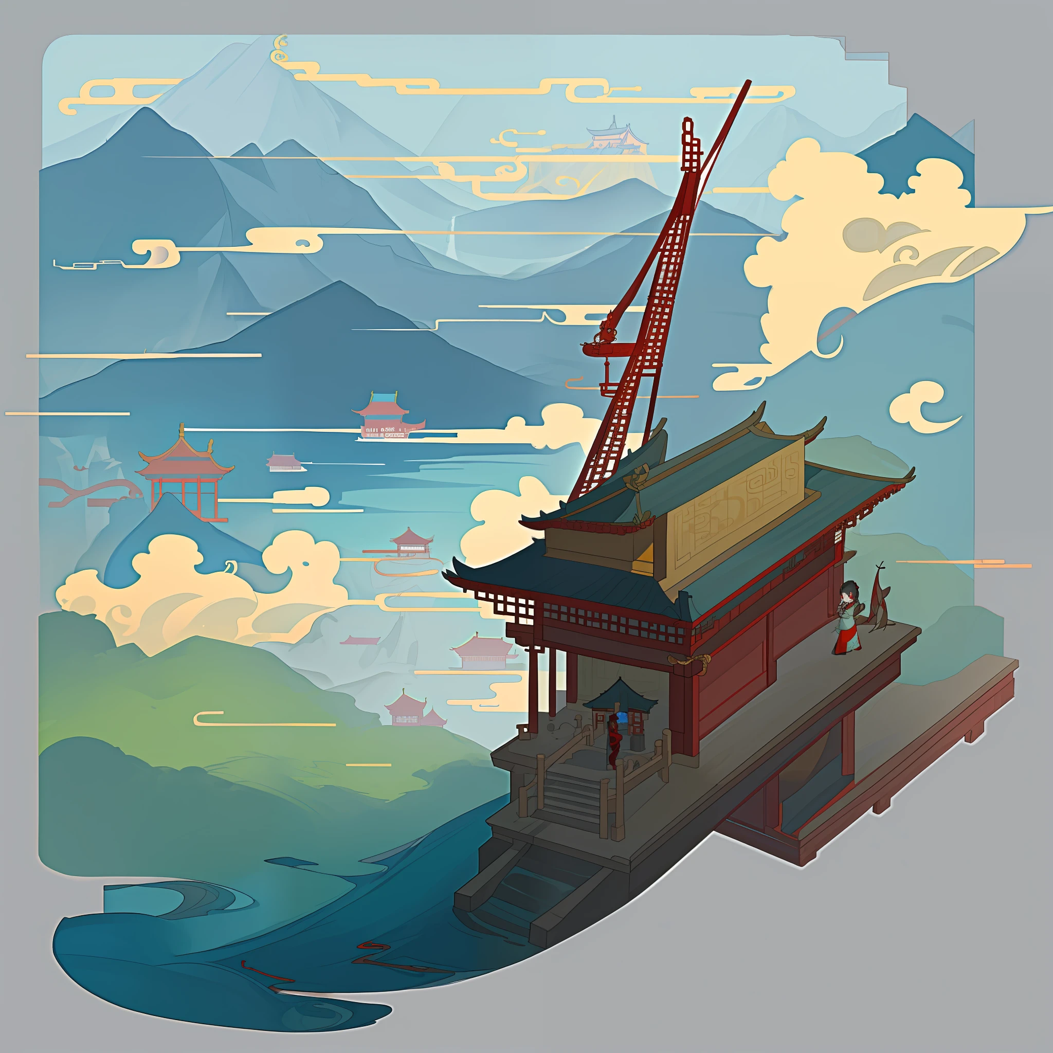 Girl in red Chinese clothes，Crane，Chinese style buildings，mountain water，small stream，Sea of Clouds，the detail，best qualtiy，Pubic area is clear，composition