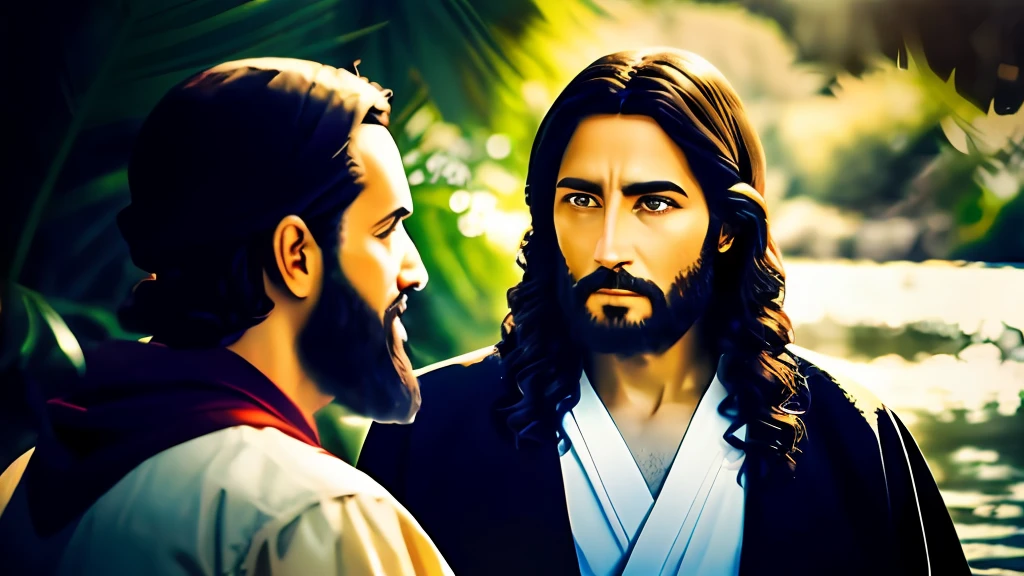 portrait of Jesus with an apostle, Banks of the Jordan River, cinematic lighthing, profundidade de campo, Bokeh, Realismo, fotorrealista, hiper-Realismo, fotografia profissional, UHD, DSLR, HDR